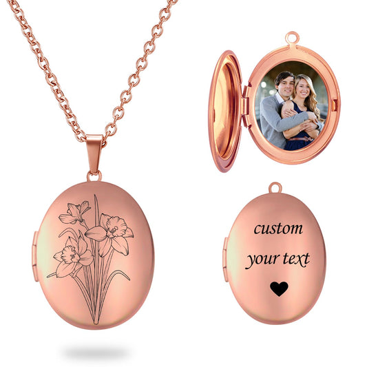 PHOCKSIN Rose Gold Oval Locket Necklace 12 Birth Flowers Personalized Necklace that Holds Pictures Customized Gifts Locket Necklaces for Birthday