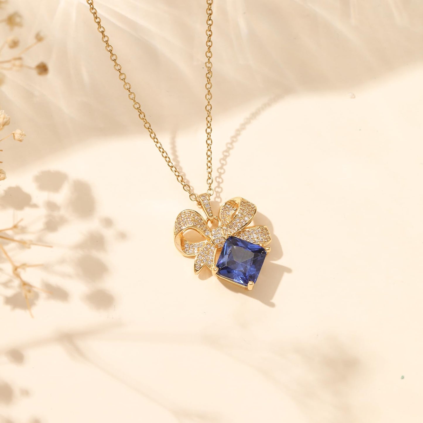 crataly Blue Sapphire Square Bow Necklace for Women-Gold Plated September Birthstone Vintage Necklace For Valentines Day Mother's Day Christmas Birthday Gifts