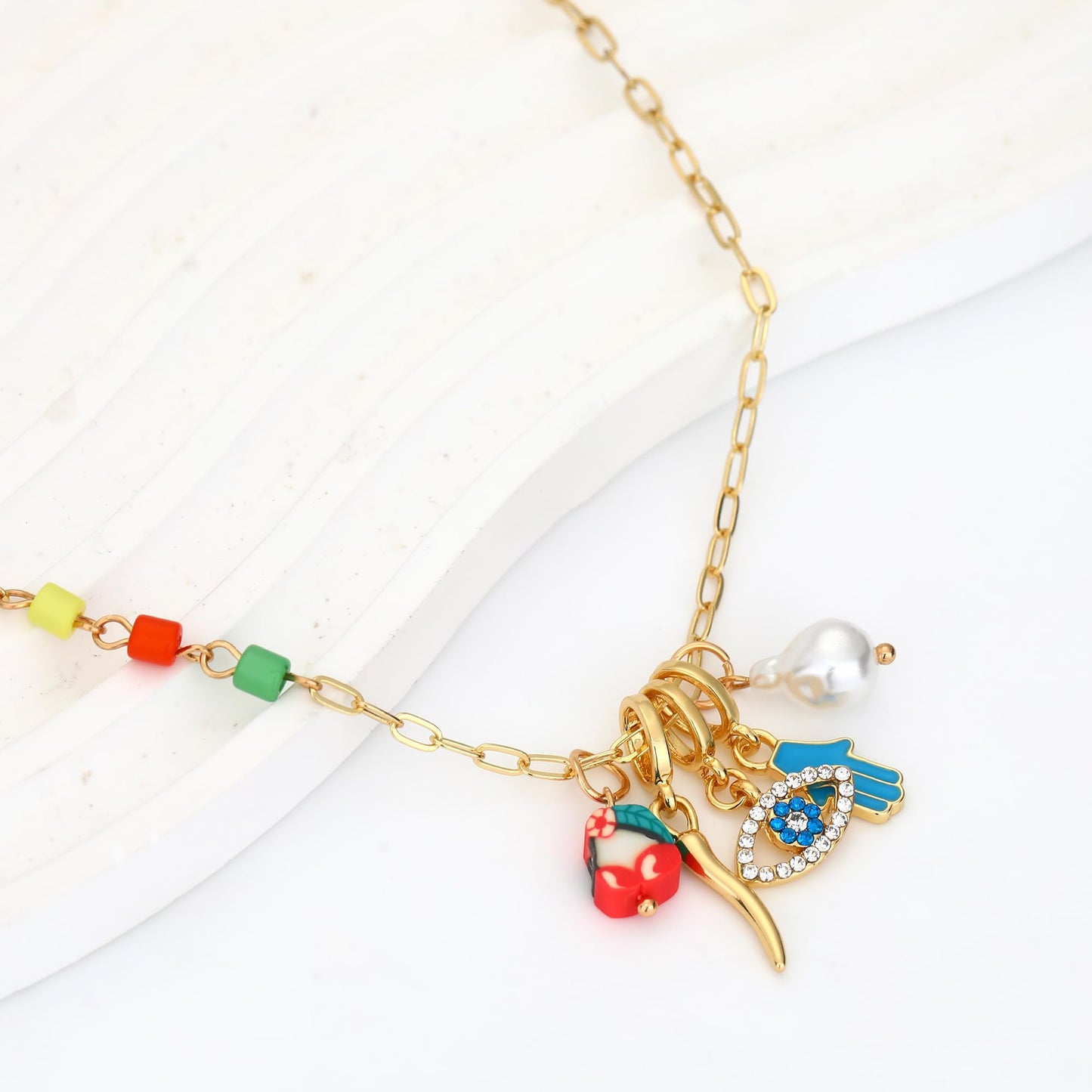 BONJOULRY Charm Necklace for Women Dainty Gold Evil Eye Pendant Protection Necklace Paperclip Chain Italian Horn Hamsa Hand Pearl Charms Necklaces Trendy Jewelry Tiny Eye