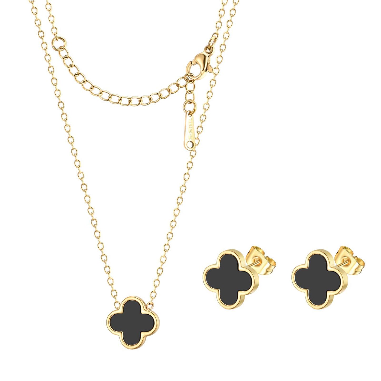 KYJAC Clover Jewelry Set - 18k Gold Plated Pendant Necklace and Stud Earrings - White, Black, Red Four Leaf Clover Design - Gifts for Women (Gold Black Set)