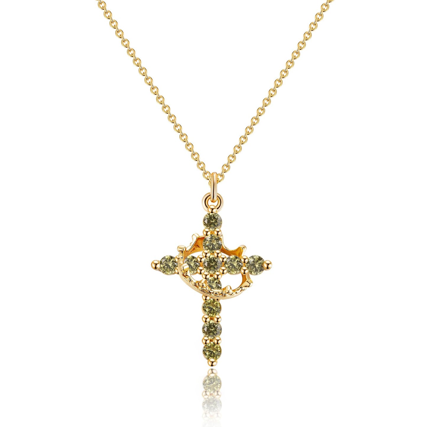 Robaice Birthstone Crown Cross Necklace for Women, Gold-Plated Christian Faith Necklace, Cross Jewelry Gift for Women, August Green Peridot Gift