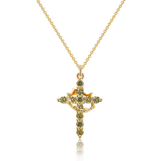 Robaice Birthstone Crown Cross Necklace for Women, Gold-Plated Christian Faith Necklace, Cross Jewelry Gift for Women, August Green Peridot Gift