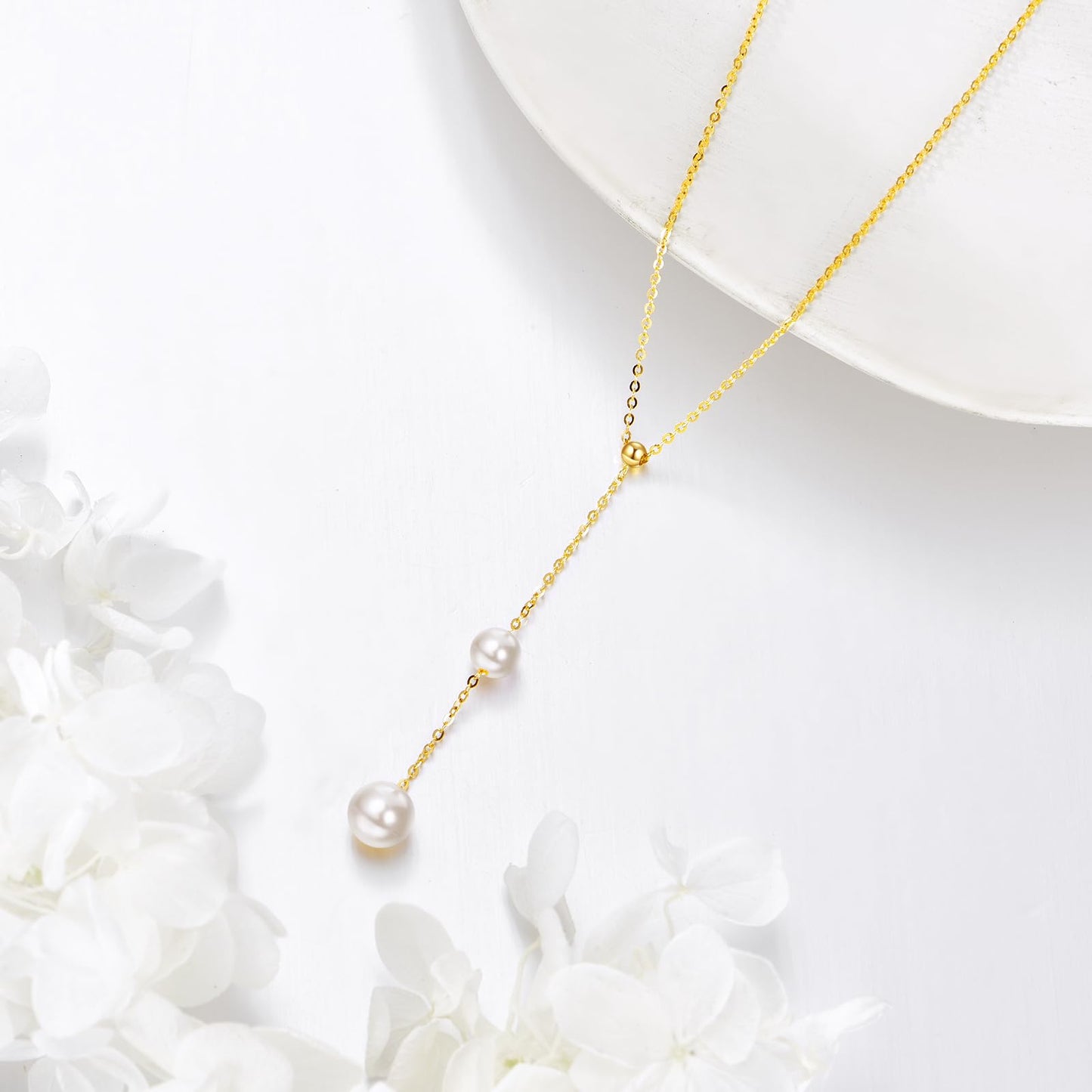 14K Yellow Gold Pearl Necklace for Women,Natural Freshwater Cultured 5+6MM Pearl Necklace Gold Jewelry Gift (06-5MM Pearl+6MM Pearl Necklace)