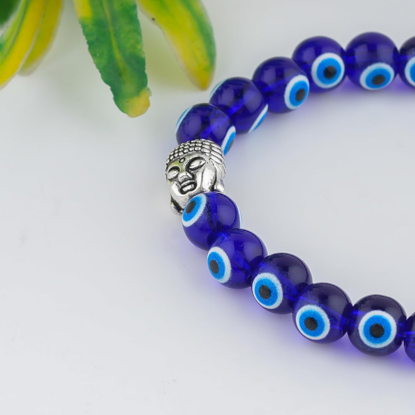 CRYSTALINES Buddha Charm Stretchable Braceclet, Blue Evil Eye Gemstone Beads, Plain Round Stones, Handmade Boho Strech Bracelet, Adjustable Spiritual Healing Crystal Unisex Jewelry Gift