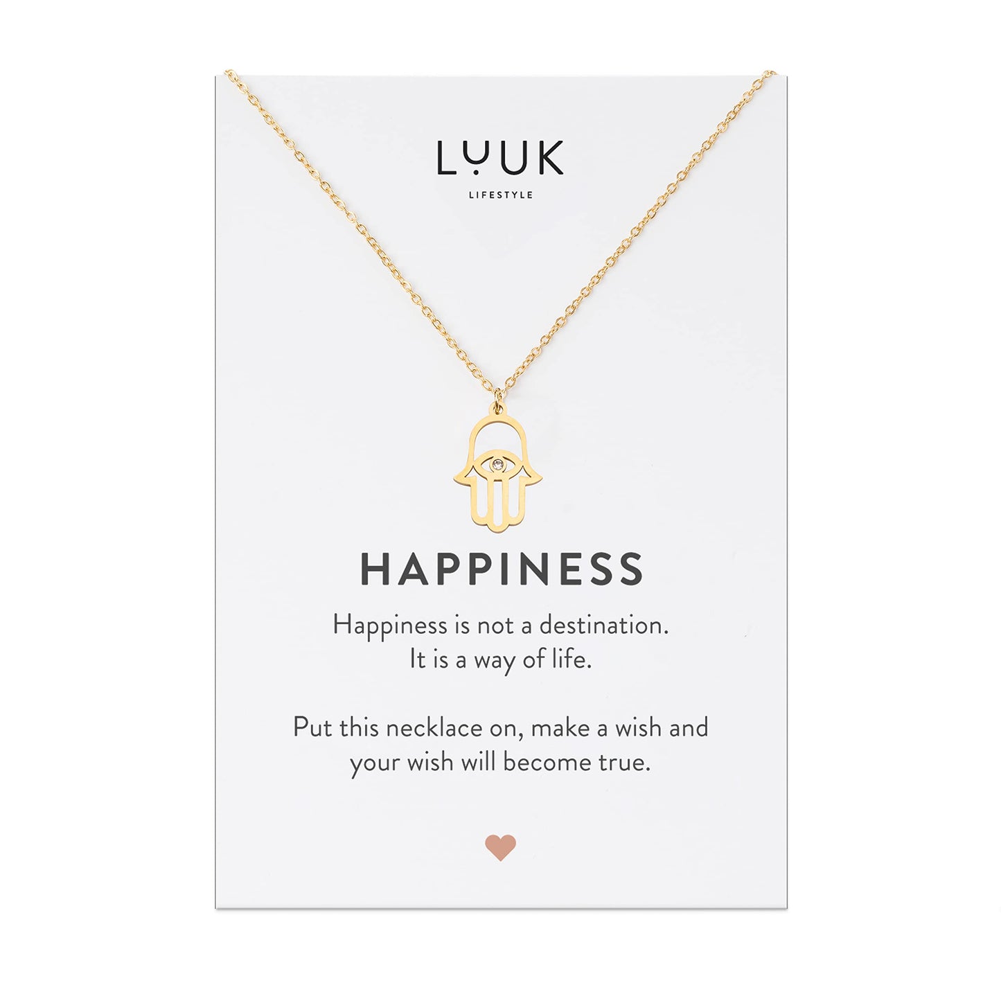 LUUK LIFESTYLE Necklace for women in stainless steel with pendant Hamsa Hand | Fatma and gift card HAPPINESS, chic and classy style, modern and minimalist fashion accessory for her, layer look, gold