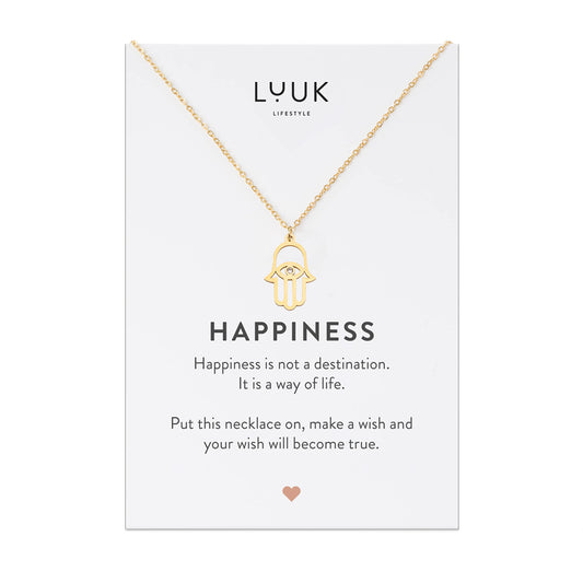 LUUK LIFESTYLE Necklace for women in stainless steel with pendant Hamsa Hand | Fatma and gift card HAPPINESS, chic and classy style, modern and minimalist fashion accessory for her, layer look, gold