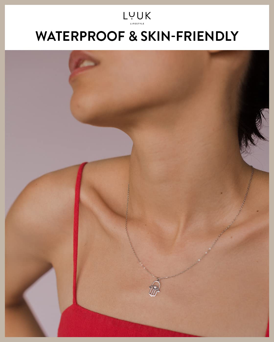 LUUK LIFESTYLE Stainless steel necklace for women with Fatima|Buddha hand pendant and HAPPINESS gift card, zen hamsa jewelry for protection against bad luck, hippie chic boho style aspect, silver