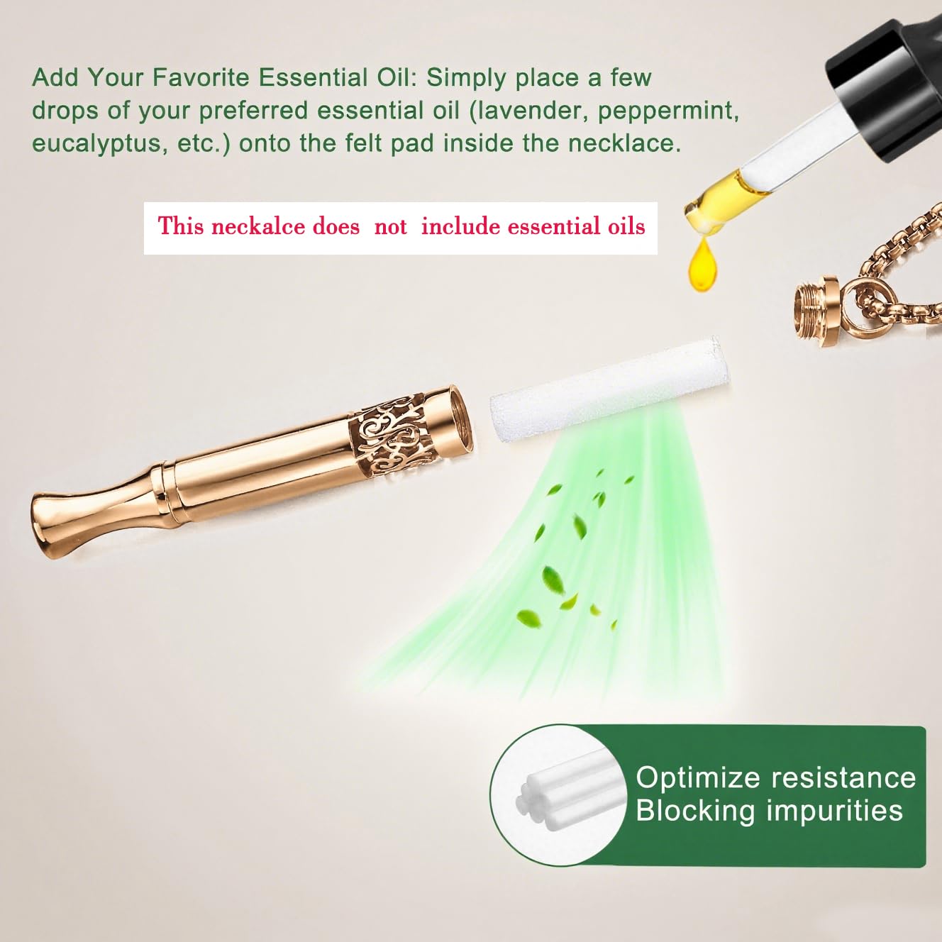 Anxiety Relief Pendant Mindfulness Breathing Necklace - Essential Oil Diffuser & Personal Inhaler Aromatherapy Necklaces for Women & Men (Rose Gold)