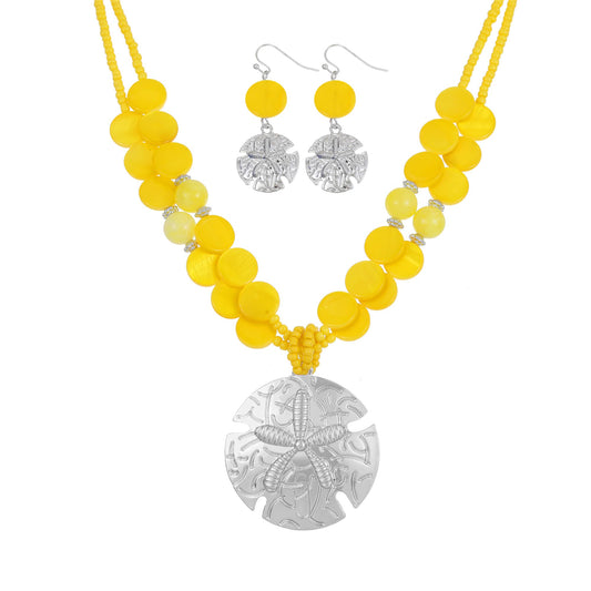 Perla Boho Starfish Necklace for Women, Chunky Layered Shell Beads Choker Necklace and Earrings Set, Ocean-Themed Summer Beach Jewelry (Yellow)