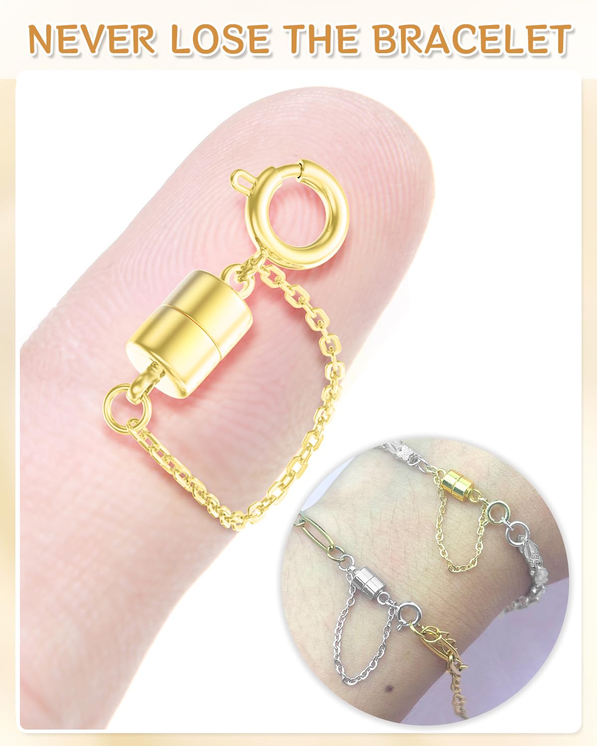 MKCYD 8Pcs Magnetic Bracelet Clasps and Closures with Safety Chain Never Fall Gold Bracelet Extender Converter Magnetic Clasps for Women