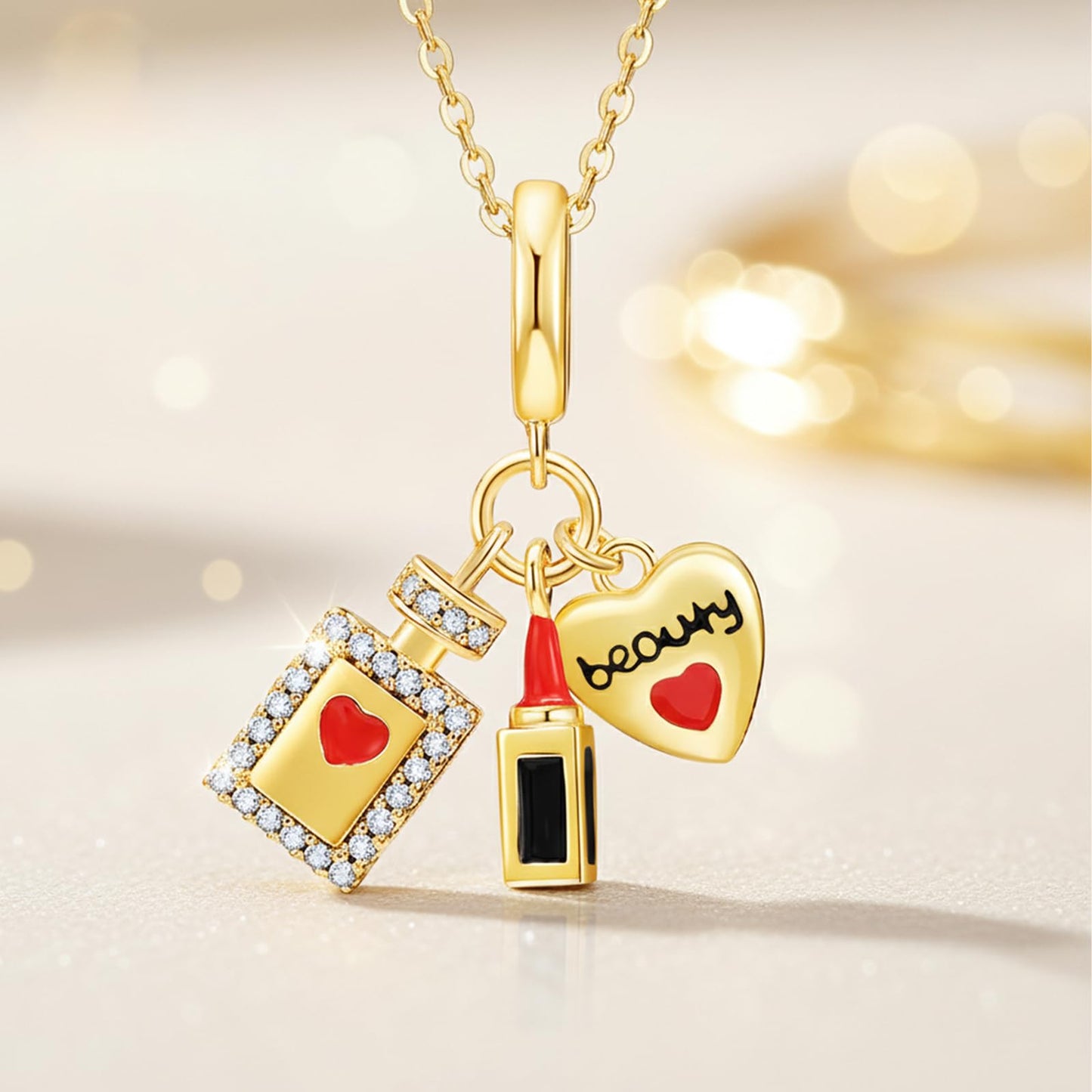 crataly Mini Makeup Enamel Necklace For Women-Gold Plated Lipstick Ornament Perfume Bottle Puffy Heart Combination Necklace For Graduation Valentines Day Mother's Day Christmas Birthday Gifts