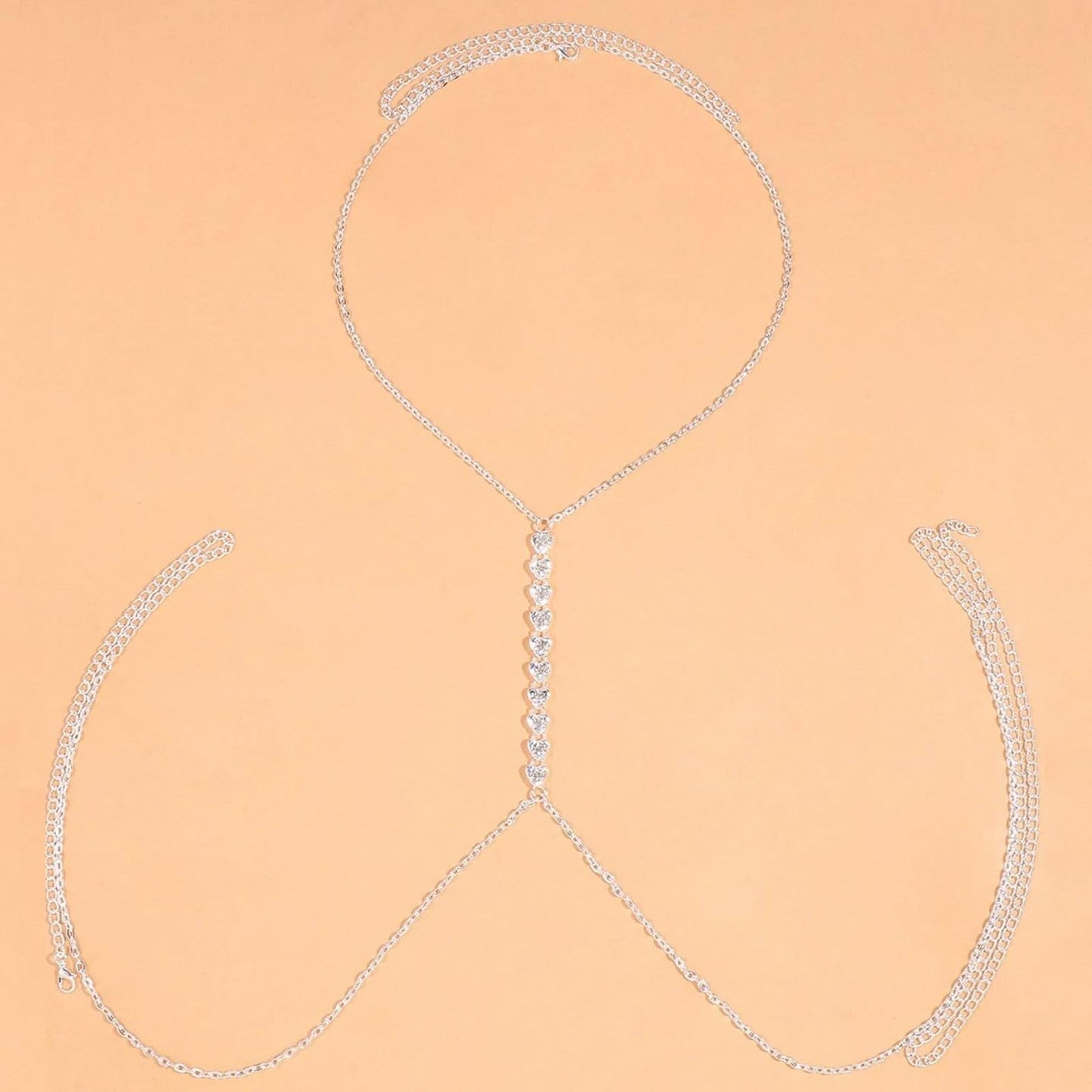Silver Plated Body Chains for Women, Sexy Layered Belly Waist Chain Crossover Bikini Bra Chain, Summer Beach Rhinestone Body Jewelry(Heart)