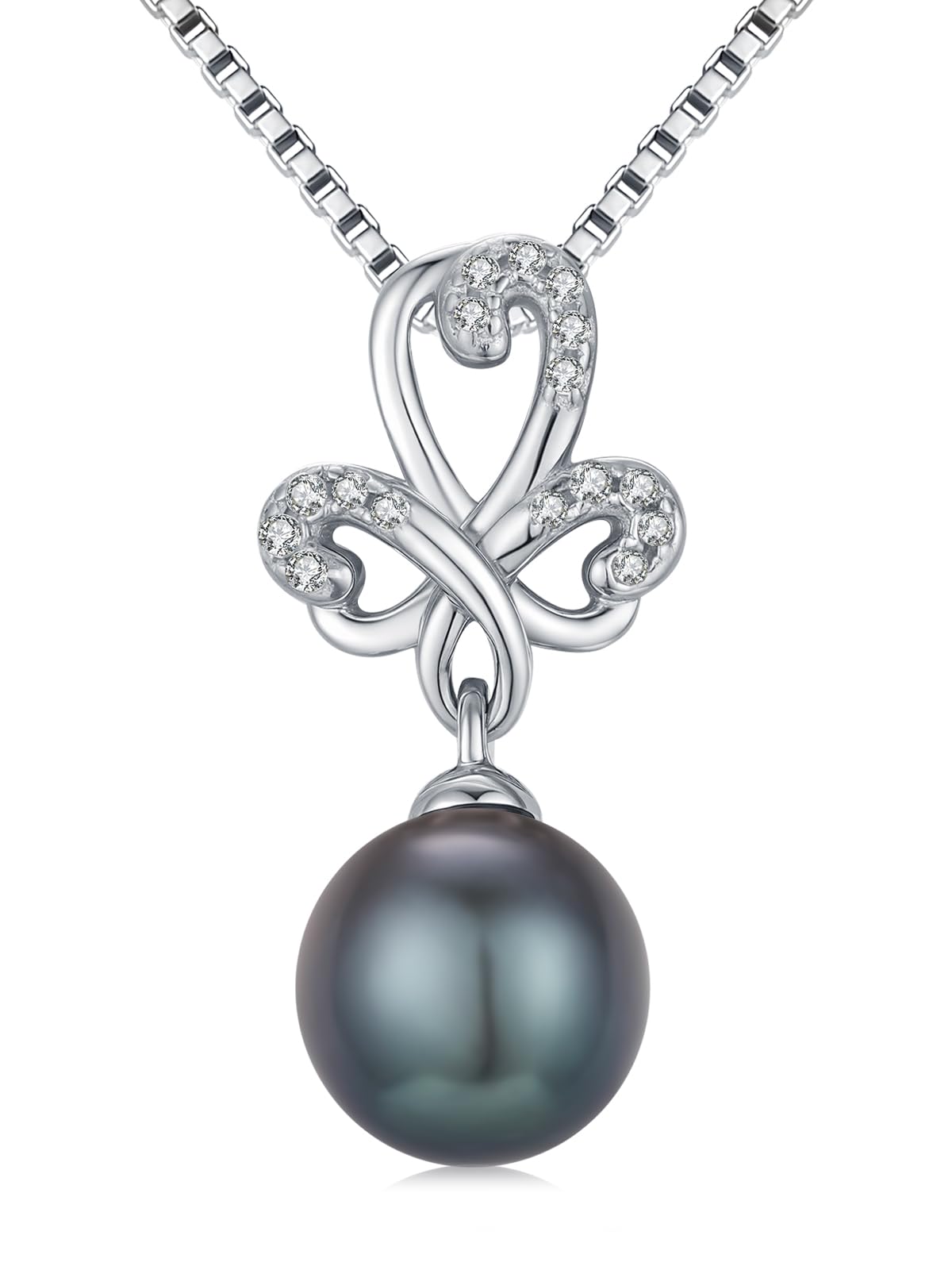 KANNSOAR Tahitian Black Pearl Necklace 18K White Gold Plated Sterling Silver Four Leaf Clover Pendant for Wedding Anniversary Birthday Jewelry Gifts for Women Wife Mom Lover Girlfriend