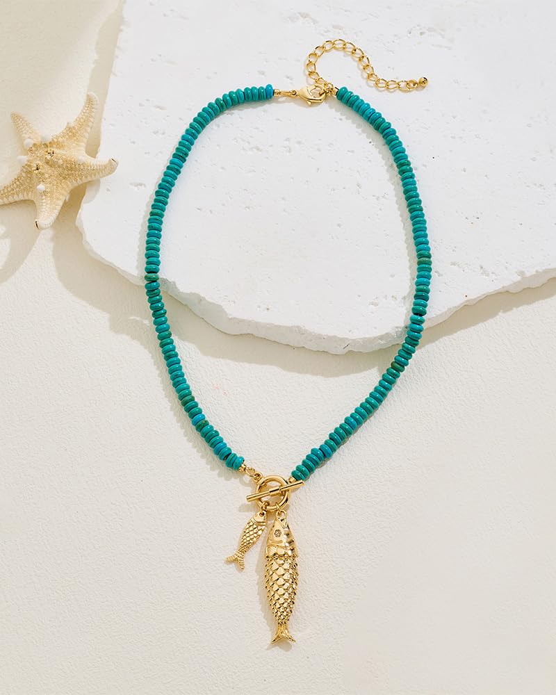 MYCUTEY Gold Fish Necklace For Women Vintage-inspired Turquoise Strand Toggle Necklace With 2 Chunky Gold Fish Pendants Dainty Summer Beach Jewelry