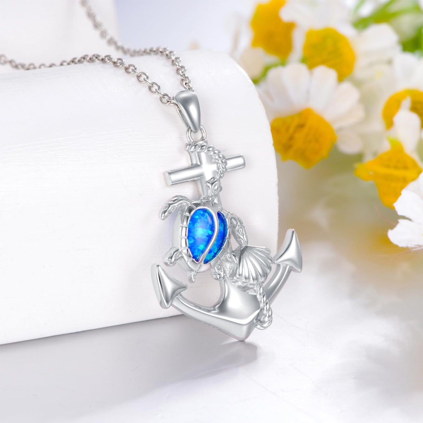 KoyeKei Sea Turtle Necklace Gifts for Women 925 Sterling Silver Anchor Sea Turtle Pendant Blue Opal Ocean N autical Jewelry Beach Seashell Graduation Gifts for Mom Wife Girlfriend Her