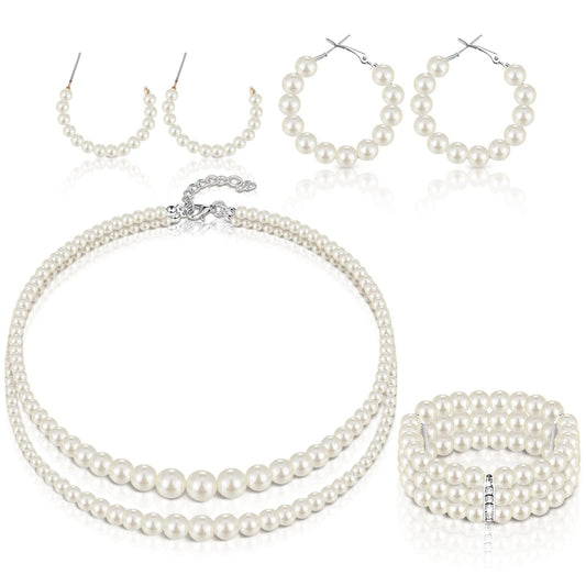 Glenmal Pearl Jewelry Set for Women Faux Pearl Necklace Bracelet Earrings Set for Wedding Birthday Party Costume Accessories Gift(Simple Style)