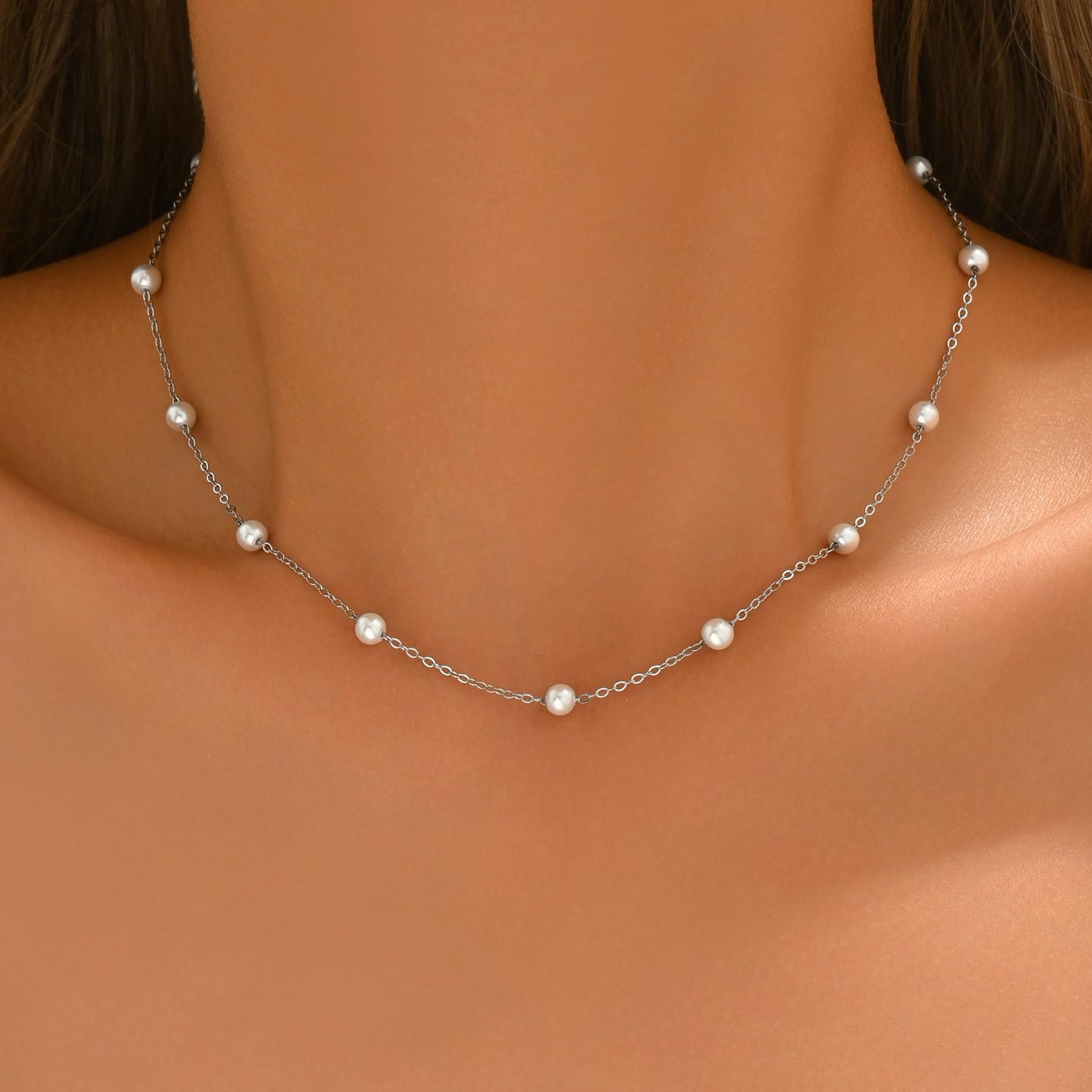 Jewigo Silver Pearl Necklaces for Women Silver Plated Pearl Choker Necklace Dainty Pearls Pendant Necklace Simple Small Pearls Bridesmaid Wedding Jewelry Gift