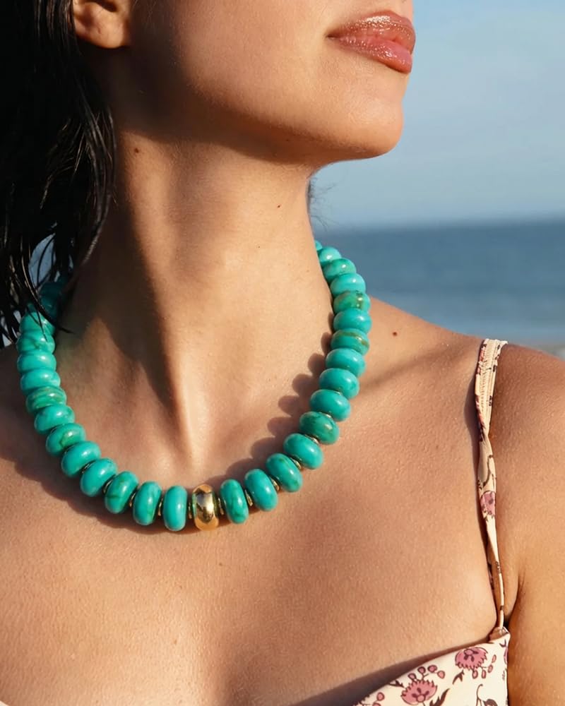 FAUTHENTICUTE Chunky Turquoise Necklace for Women Big Blue Acrylic Beaded Choker Necklace Summer Beach Statement Necklace Gift Trendy Boho Jewelry