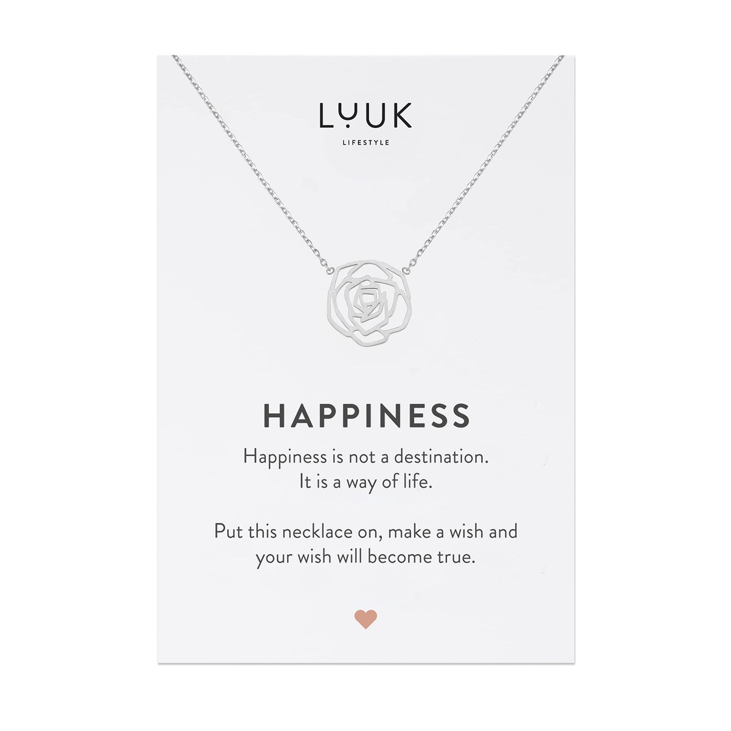 LUUK LIFESTYLE Feminine necklace in quality stainless steel with Rose flower pendant and HAPPINESS gift card, jewelry for women, floral motifs, waterproof and skin-friendly, fine design, silver