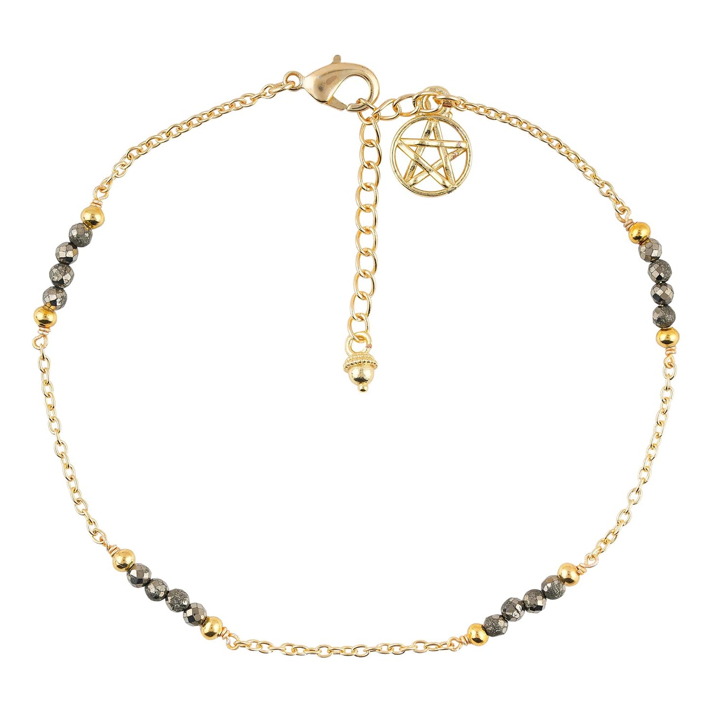 CRYSTALINES Natural Golden Pyrite Gemstone Beads, Handmade Station Dangle Star Charms Anklet, 14K Gold Plated, Adjustable Fashion Boho Jewelry for Women, Healing Crystals, Christmas Gift