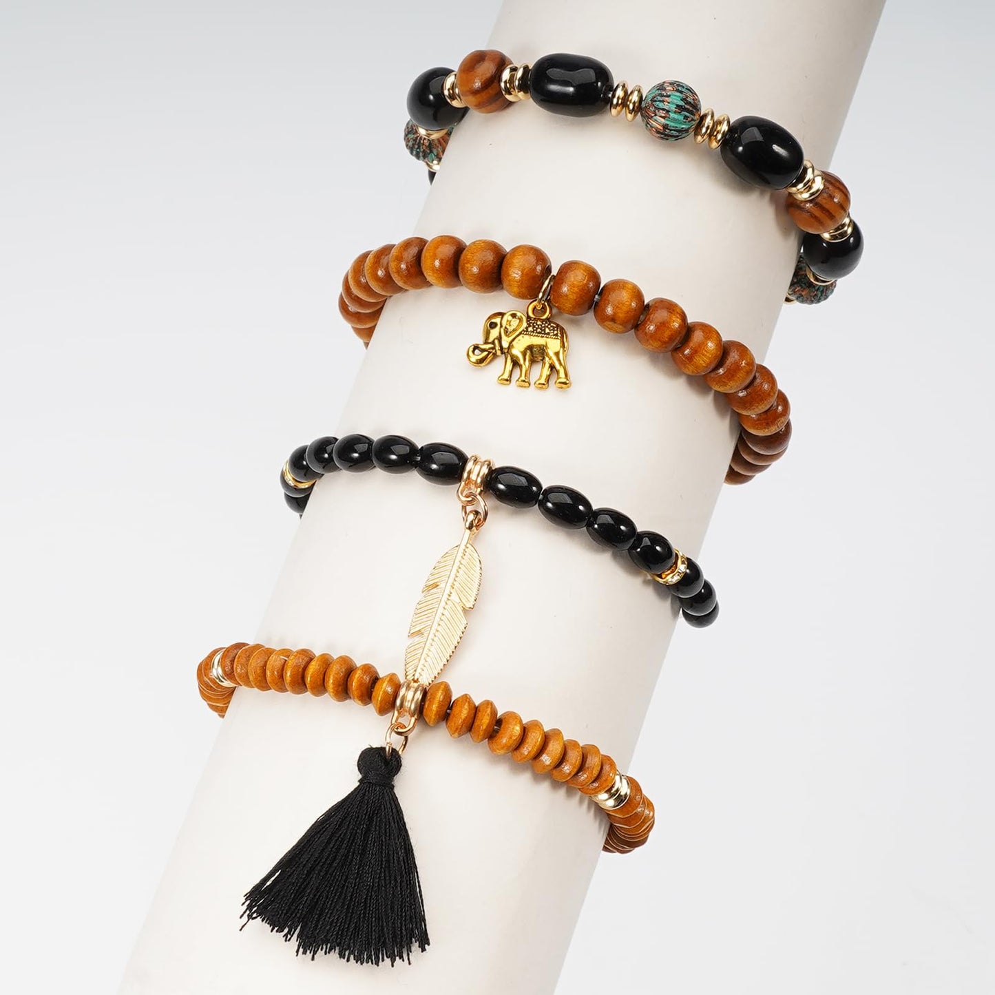 Briutn Bohemian Layered Beaded Bracelet Set Wood Beads with Feather Elephant Tassel Charms Stackable Stretch Bracelets for Women Boho Jewelry Gifts