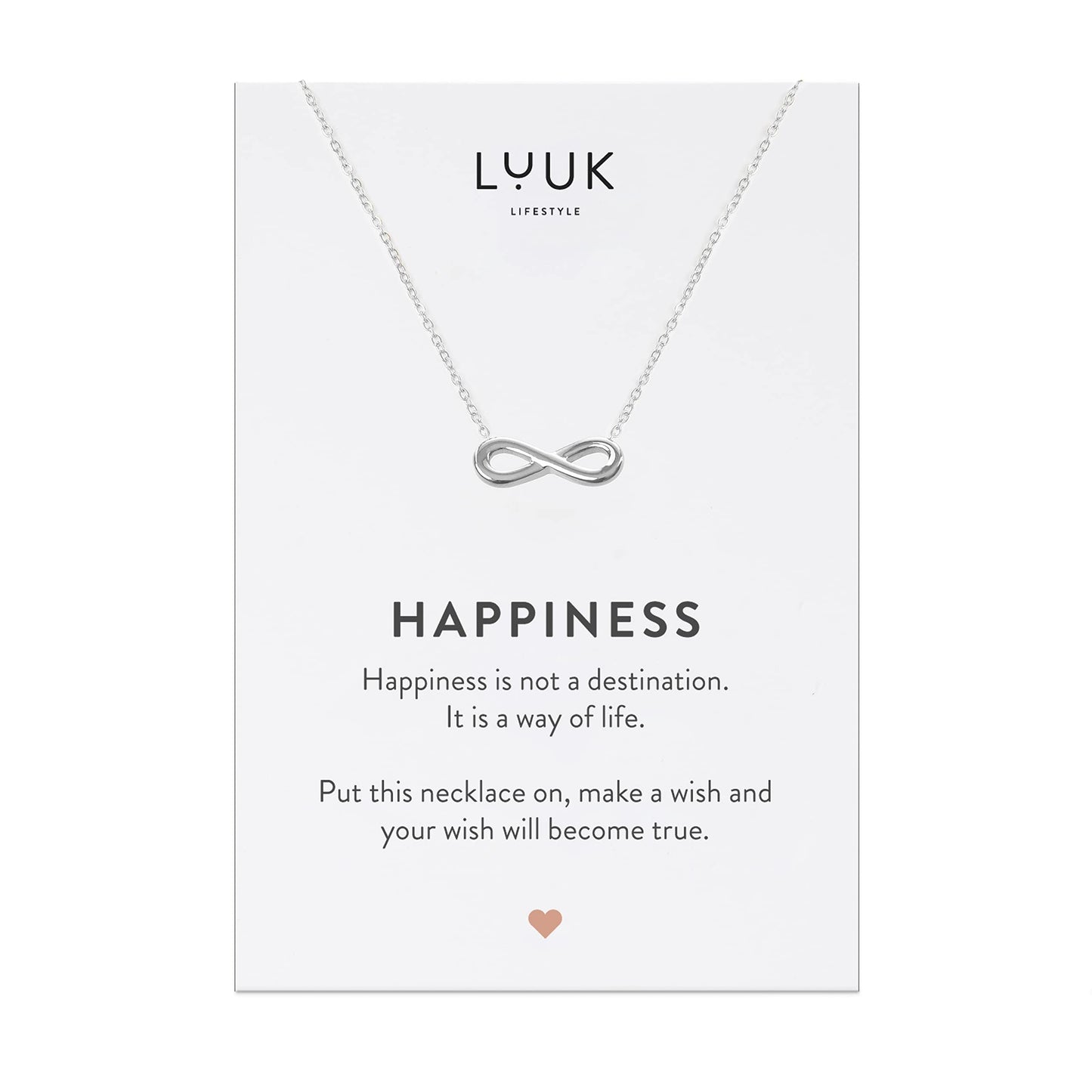 LUUK LIFESTYLE Stainless steel necklace with Infinity motif pendant and HAPPINESS gift card, gift idea for Valentine's Day, birthday, symbol of love, women fashion accessory, 19” chain length, silver