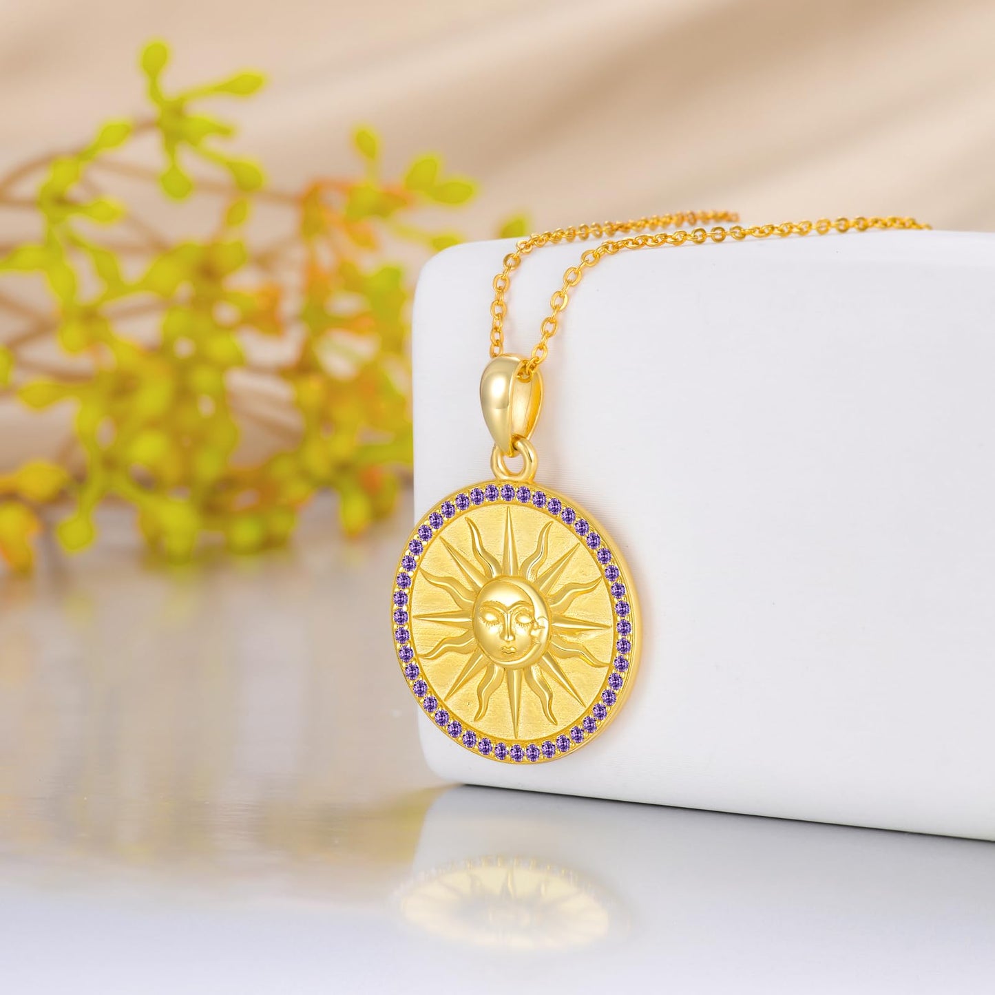 KQF Birthstone Sun Necklace for Women 925 Sterling Silver Sun and Moon Gold Plated Coin Pendant February Jewelry Gift