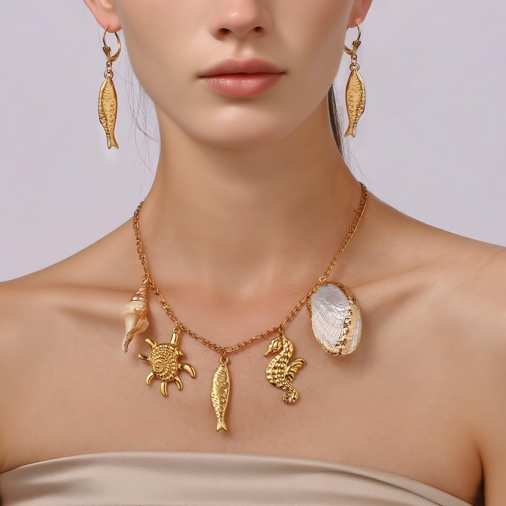 BTTLVZC Summer Beach Charms Necklace for Women Gold Fish Conch Seahorse Shell Charms Choker Necklace Trendy Ocean Theme Vacation Jewelry Gifts(Style-A)
