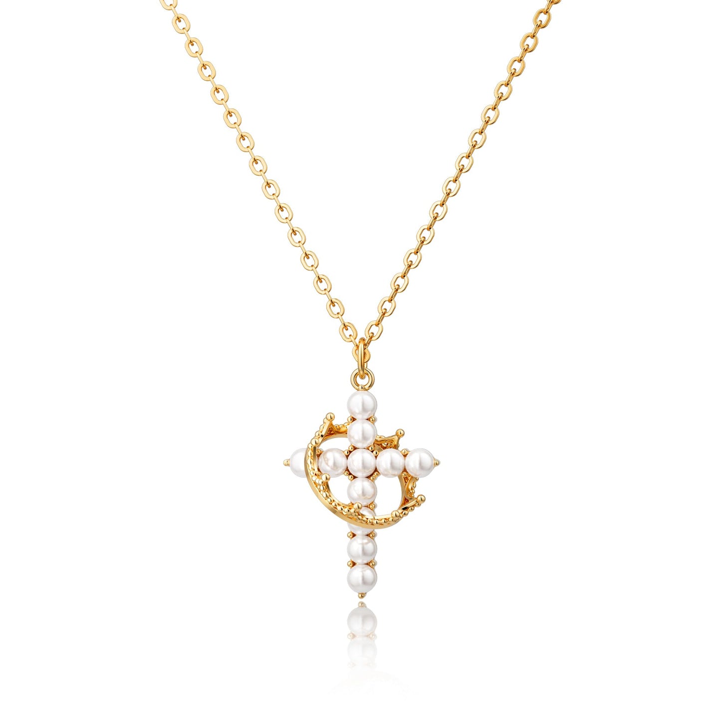 Robaice Cross Necklace for Women 14K Gold Plated Crown Cross Pendant Necklace Simple Gold Necklaces Faith Cross Jewelry First Communion Necklace, Pearl Cross