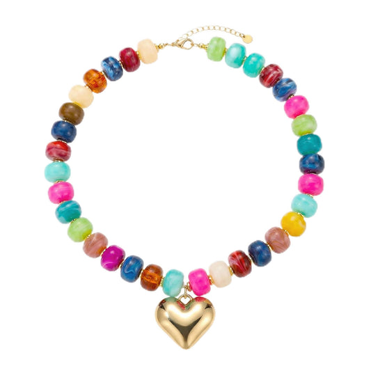 Frigotine Chunky Heart Necklace for Women Colorful Resin Beaded Choker Gold Puffy Heart Statement Trendy Acrylic Jewelry