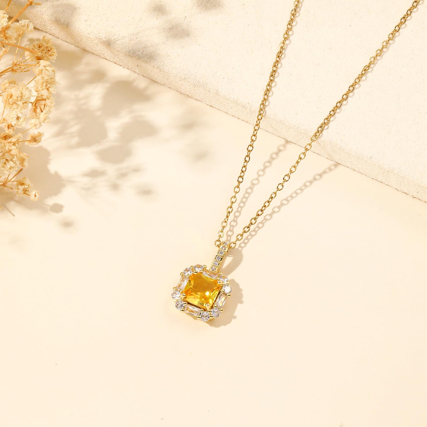 crataly Yellow Square Citrine Necklace for Women-Gold Plated November Birthstone Necklace For Valentine's Day Mother's Day Christmas Birthday Gifts