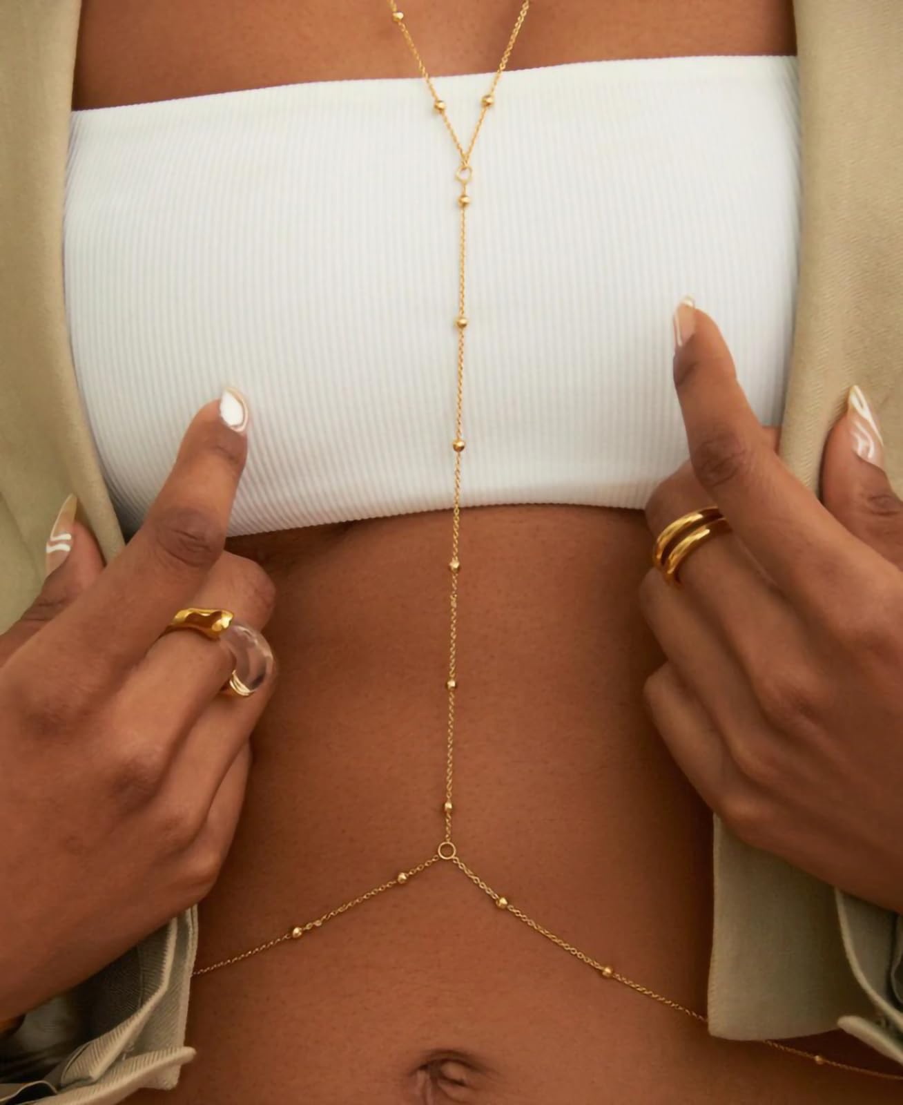 14K Gold Plated Body Chains for Women, Sexy Layered Belly Waist Chain Crossover Bikini Bra Chain, Summer Beach Rhinestone Body Jewelry(Beads)