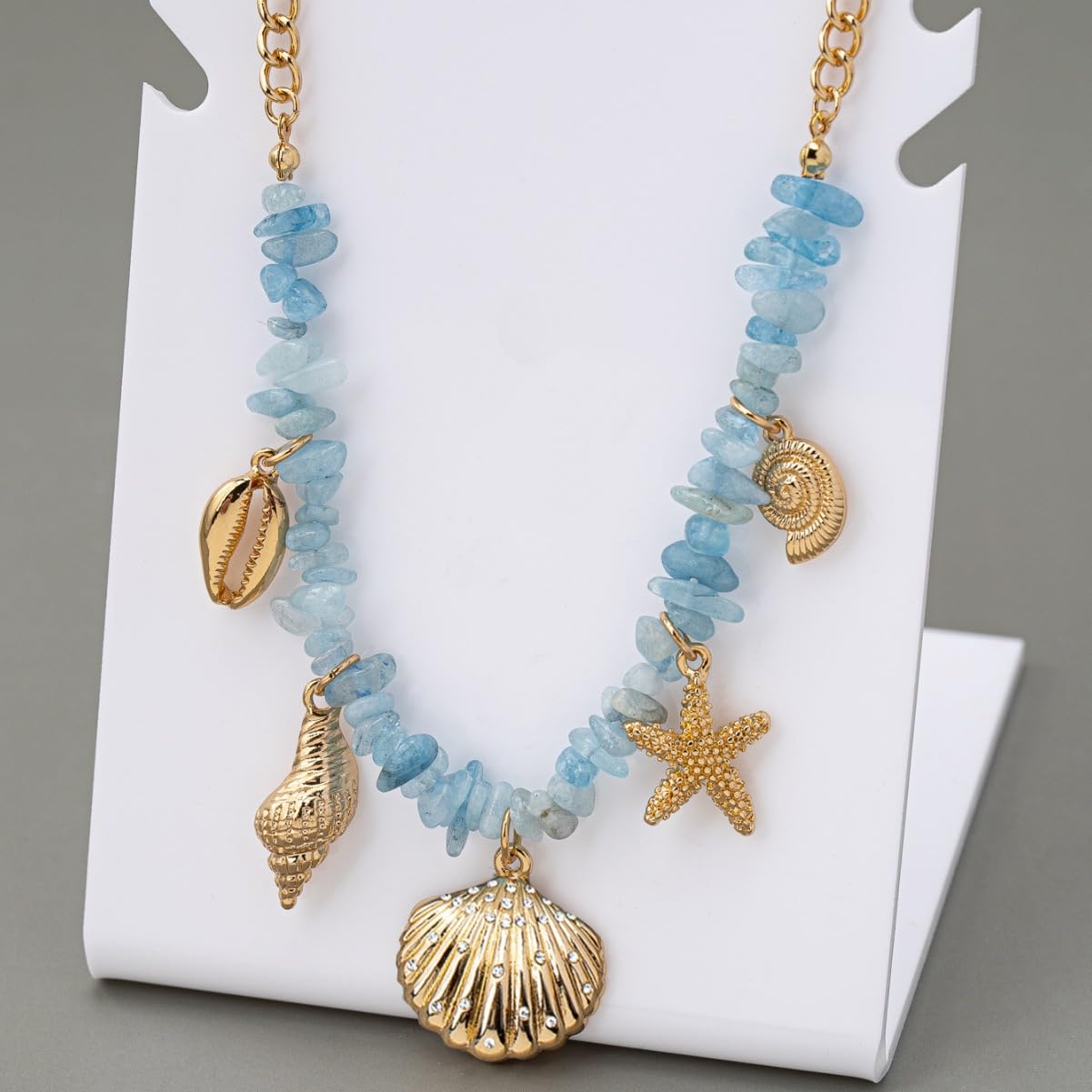 MERGEWORLD Dainty Gold Sea shell Necklace For Women – Ocean Charm Jewelry for Women, Delicate Starfish Beach Necklace with Sea Blue Natural Stone, Elegant Beach Gifts & Everyday Gold Chain