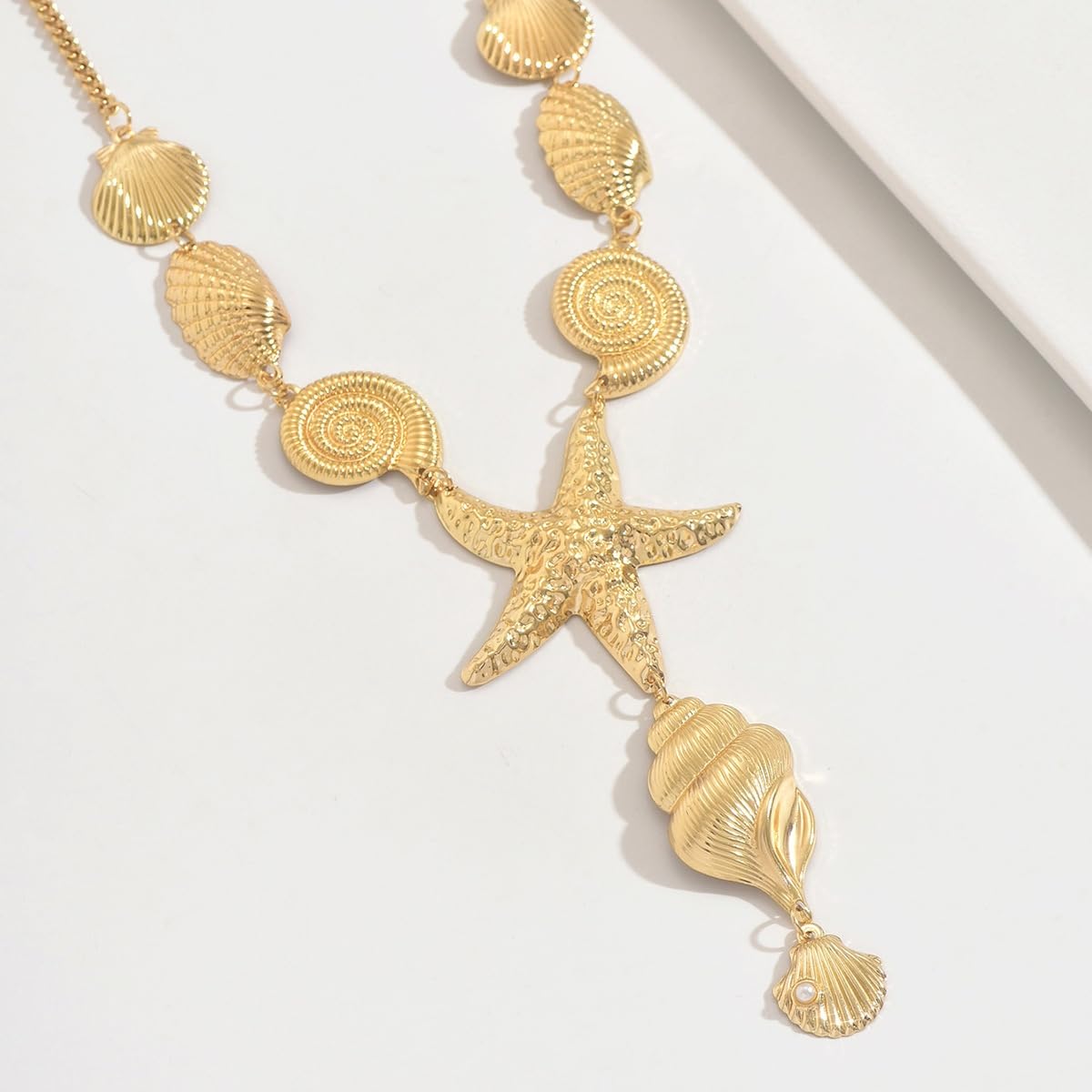 VIYPDRST Starfish Shell Necklaces For Women Big Seashell Beach Conch Y-Shaped Pendant Boho Summer Statement Beach Collar Holiday Jewelry (Gold)