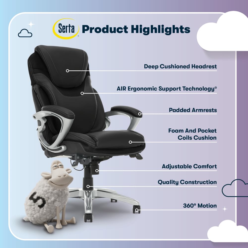 Serta Bryce Executive Office Chair, Ergonomic Computer Desk Chairs with Patented AIR Lumbar Support, Comfy Body Pillows, Height Adjustable, Swivel Base with Wheels, Bonded Leather, Black