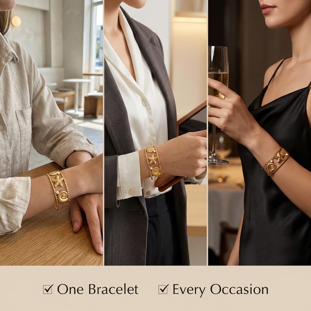 MystiGlimmer Starfish Bracelet with Luxury Gift Box 18K Gold Plated Stainless Steel, Adjustable Open Cuff, Waterproof & Hypoallergenic Jewelry Gift for Women (Seashell-Starfish2)