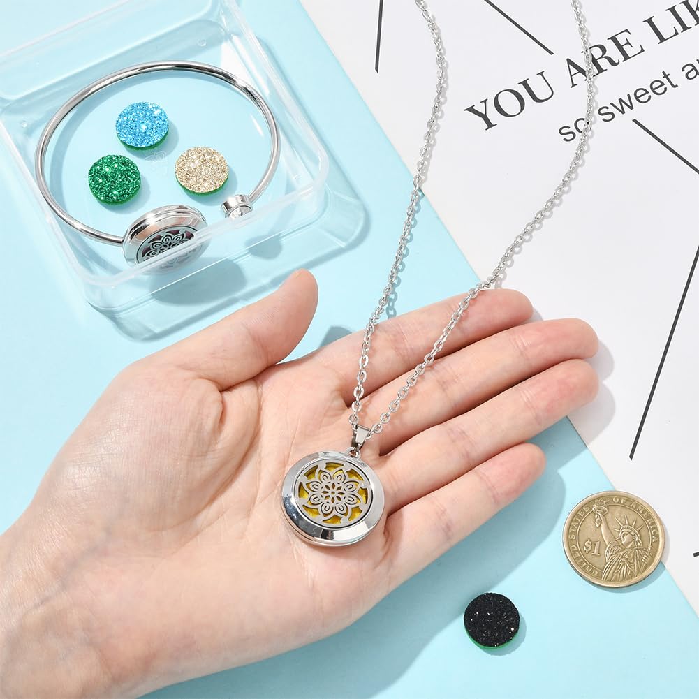 SUNNYCLUE 1Pc Essential Oil Diffuser Bracelet 1Pc Essential Oil Necklace with 10Pcs Refill Pads Flower Stainless Steel Necklaces Adjustable Cuff Bangles Aromatherapy Locket Bracelets for Women Gifts