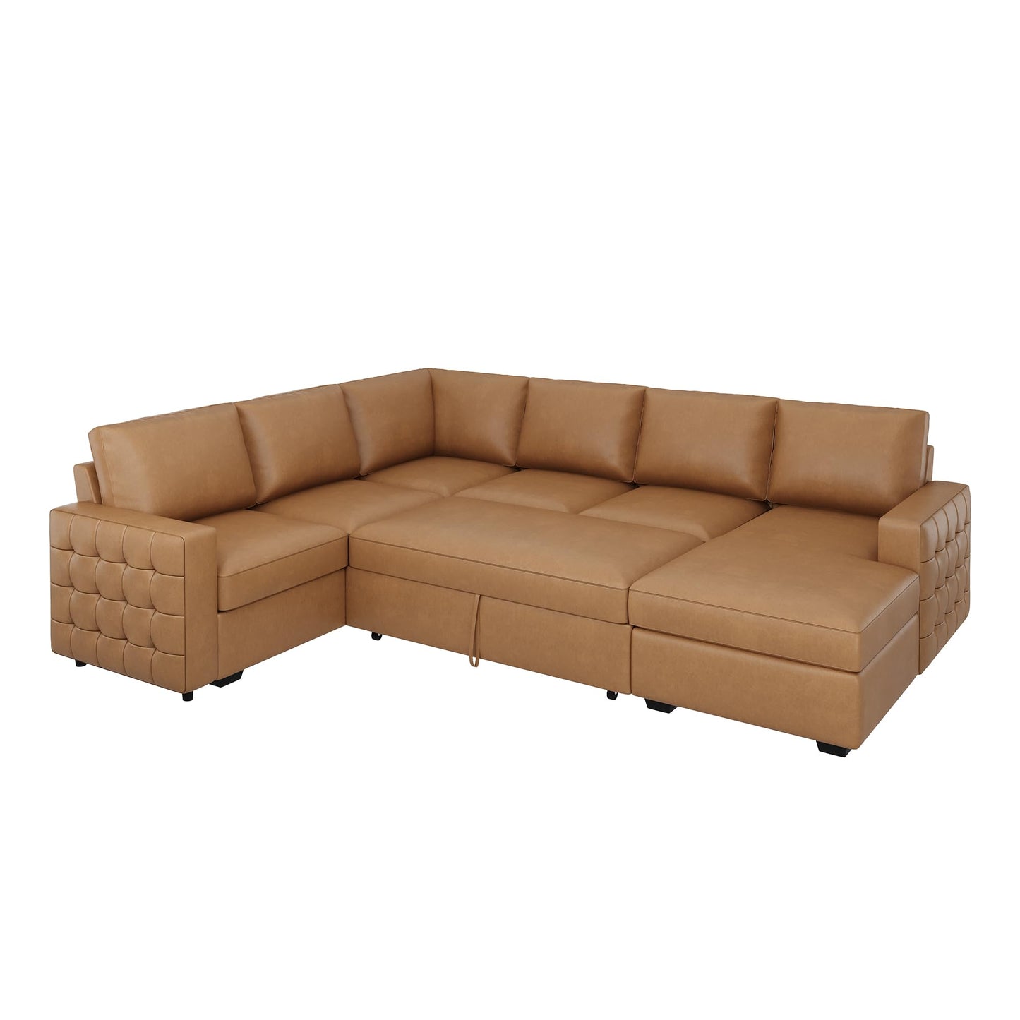 HONBAY Sleeper Sectional Couch with Pull-Out Bed Sectional Sleeper Sofa Pull Out Bed with Storage Chaise, 6 Seaters Couch for Living Room, Faux Leather Brown
