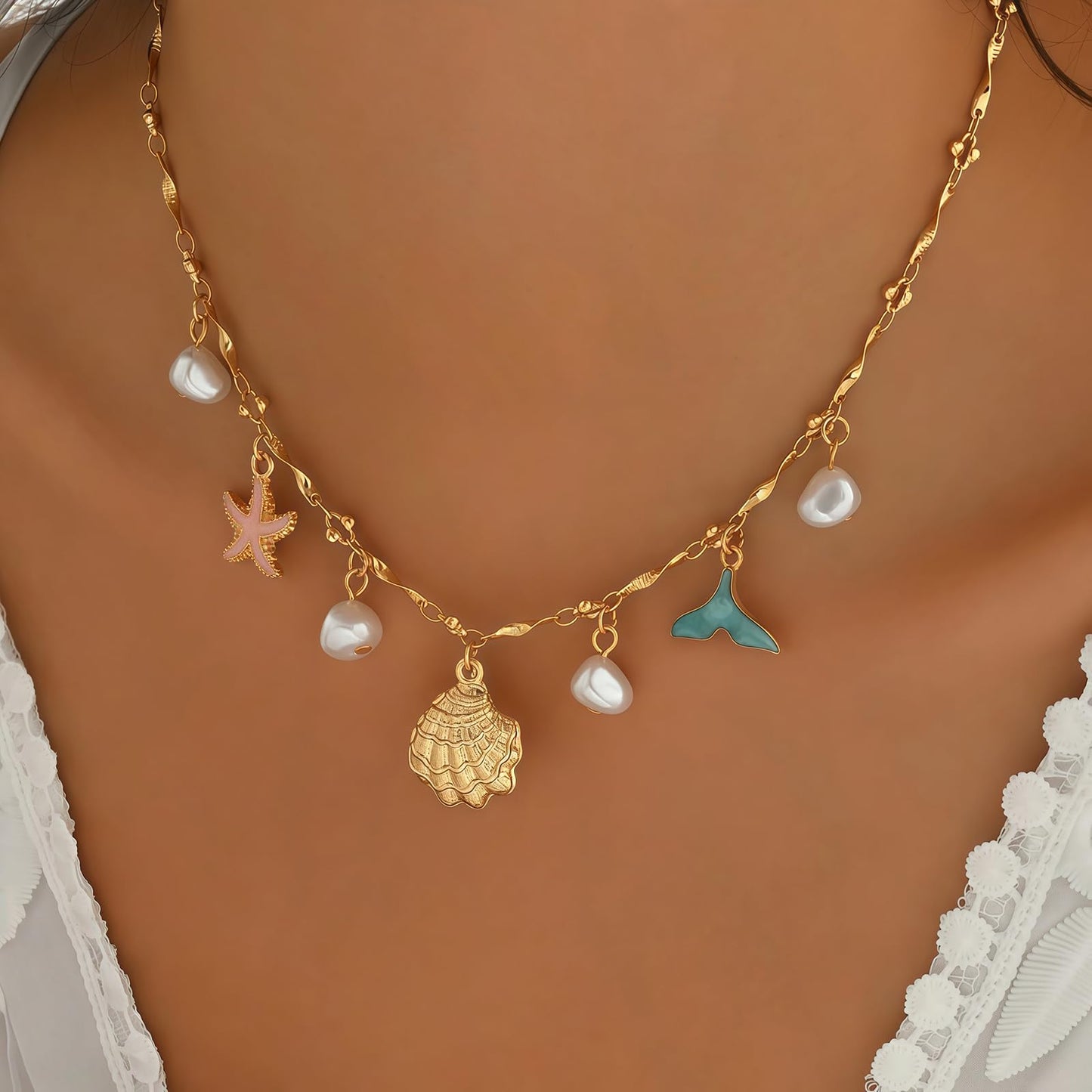 Shell Starfish Necklace for Women, 14k Gold Plated Boho Layered Beaded Charm Pendant Necklace, Dainty Adjustable Pearl Conch Summer Beach Vacation Jewelry Gifts(Colorful)