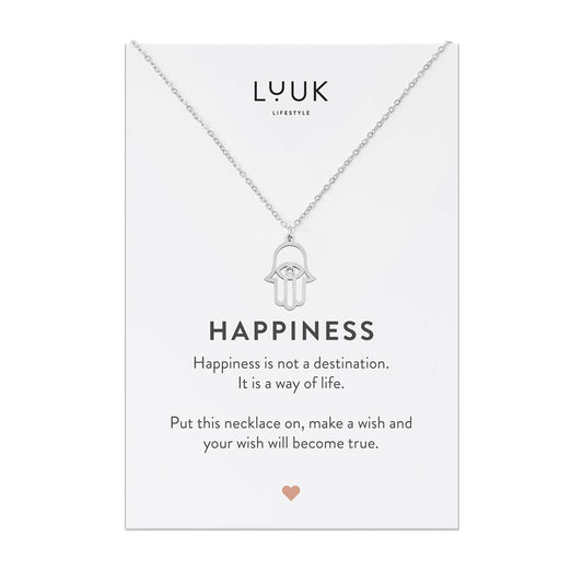 LUUK LIFESTYLE Stainless steel necklace for women with Fatima|Buddha hand pendant and HAPPINESS gift card, zen hamsa jewelry for protection against bad luck, hippie chic boho style aspect, silver