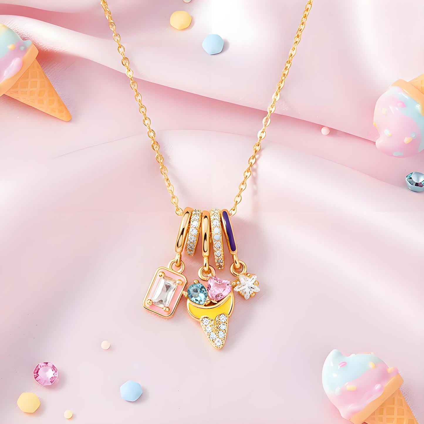 crataly Colorful Enamel Ice Cream Necklace For Women-Gold Plated CZ Star And Square Multi-Pendant Summer Jewelry For Valentines Day Mother's Day Christmas Birthday Gifts