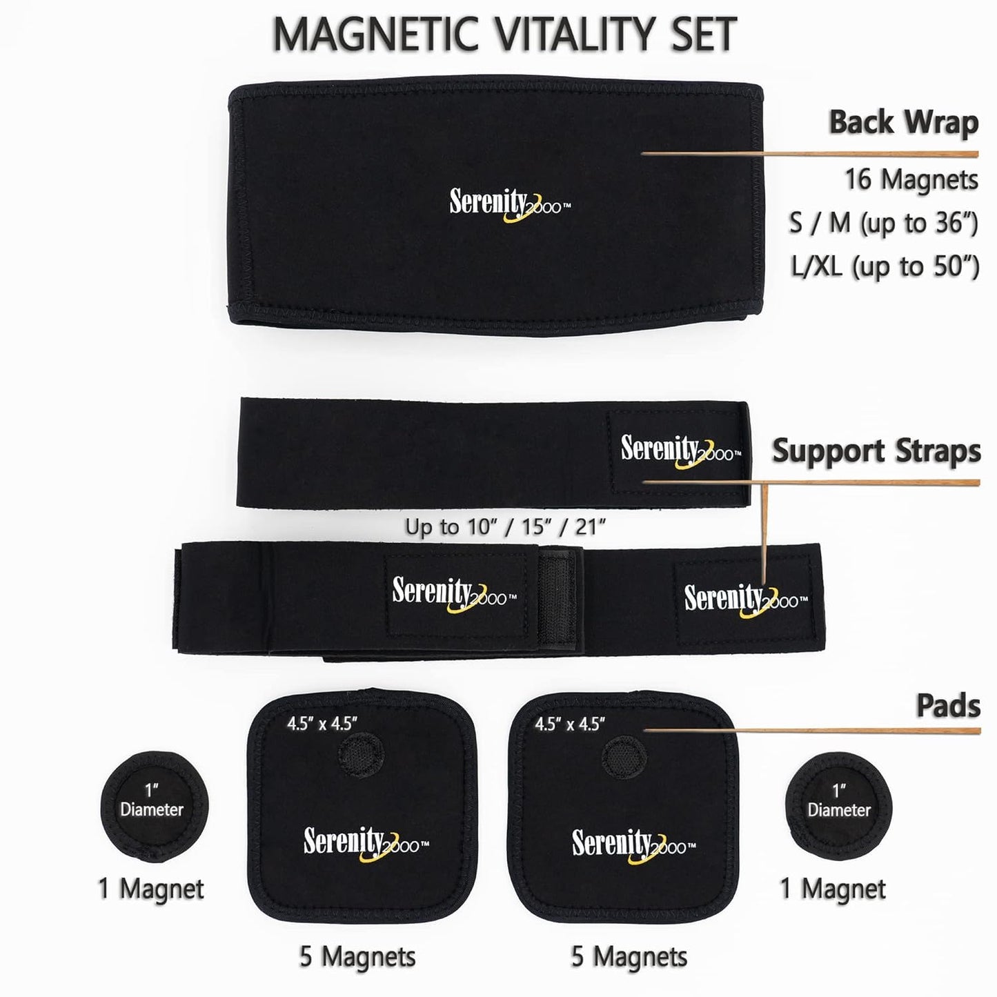 SERENITY2000 Full Body Magnetic Vitality Set for Back, Head, Wrist, Knee, Elbow, Ankle to Support, Relieve Discomfort, Improve Circulation - Eight-Piece Set with Magnetic Pads and Velcro Straps (Small/Medium - Waist up to 32")