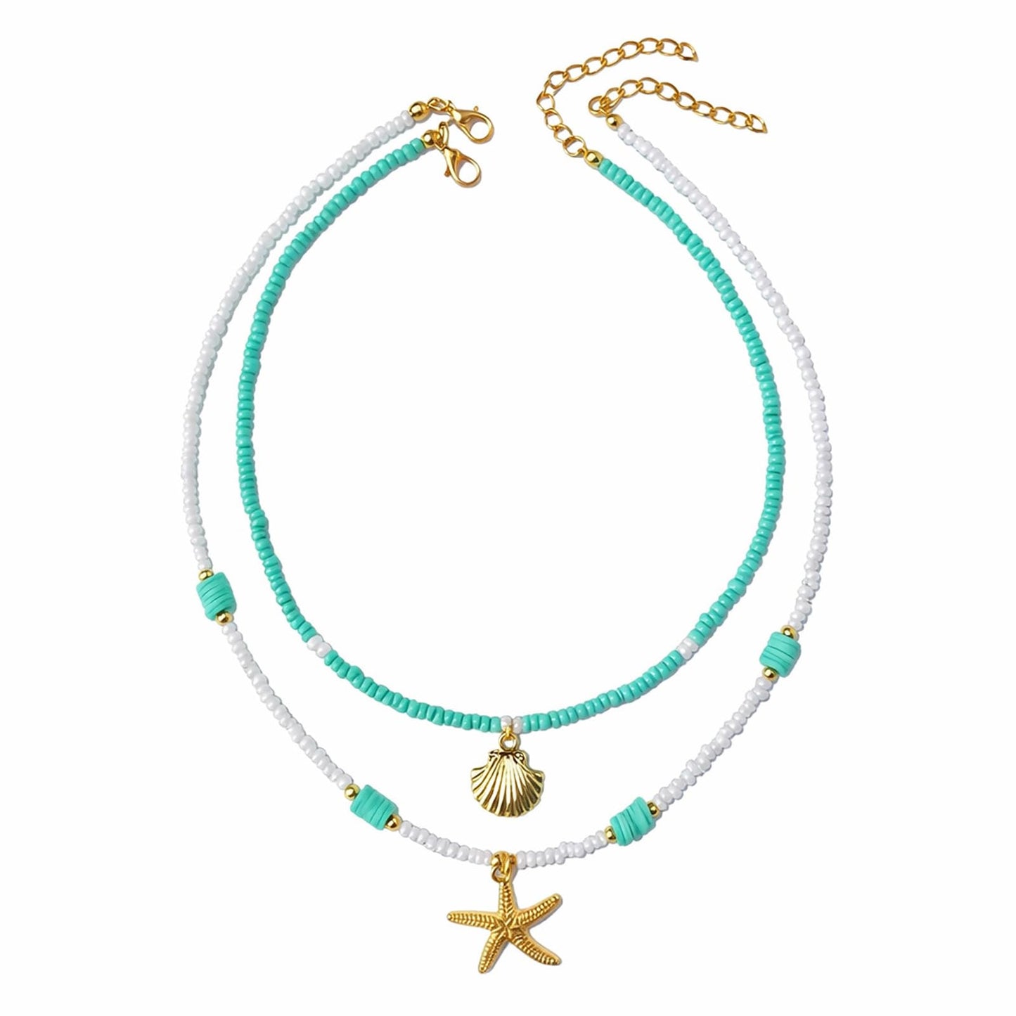 NMZH Shell Starfish Pendant Layered Necklace Set，2 Pcs Boho Y2k Blue White Beaded Gold Seashell Star Charm Choker Summer Beach Ocean Dainty Adjustable Trendy for Women Jewelry Gifts (Blue)