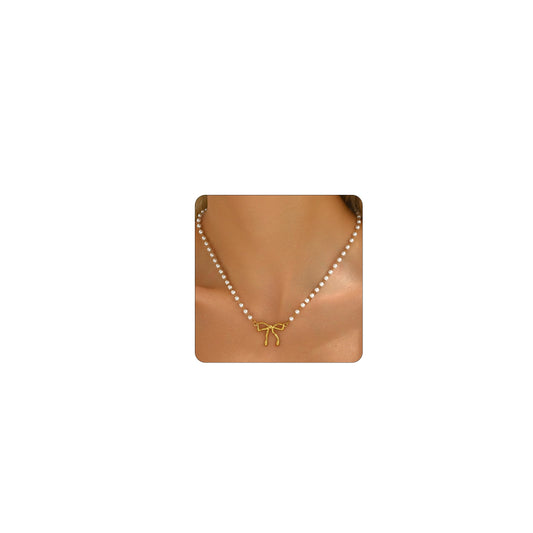 Jewigo Pearl Bow Necklaces for Women 18K Gold Plated Pearl Necklace Dainty Pearls Pendant Necklace Simple Small Pearls Bridesmaid Wedding Jewelry Gift
