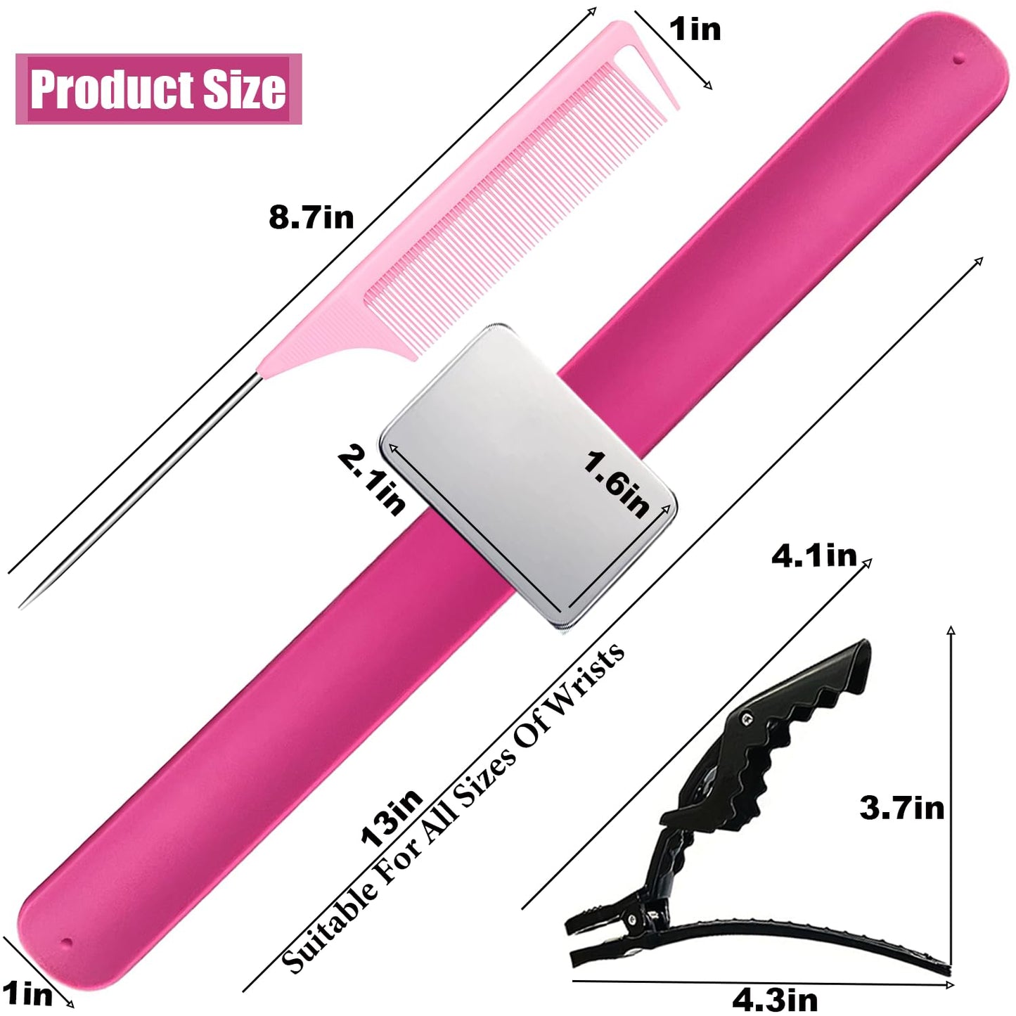 Magnetic Wristband for Hair Stylist Pin Wristband Wrist Pin Holder Braiders Wristband with 4 Pieces Hair Rat Tail Combs 6 Pieces Plastic Clip (Hot Pink)