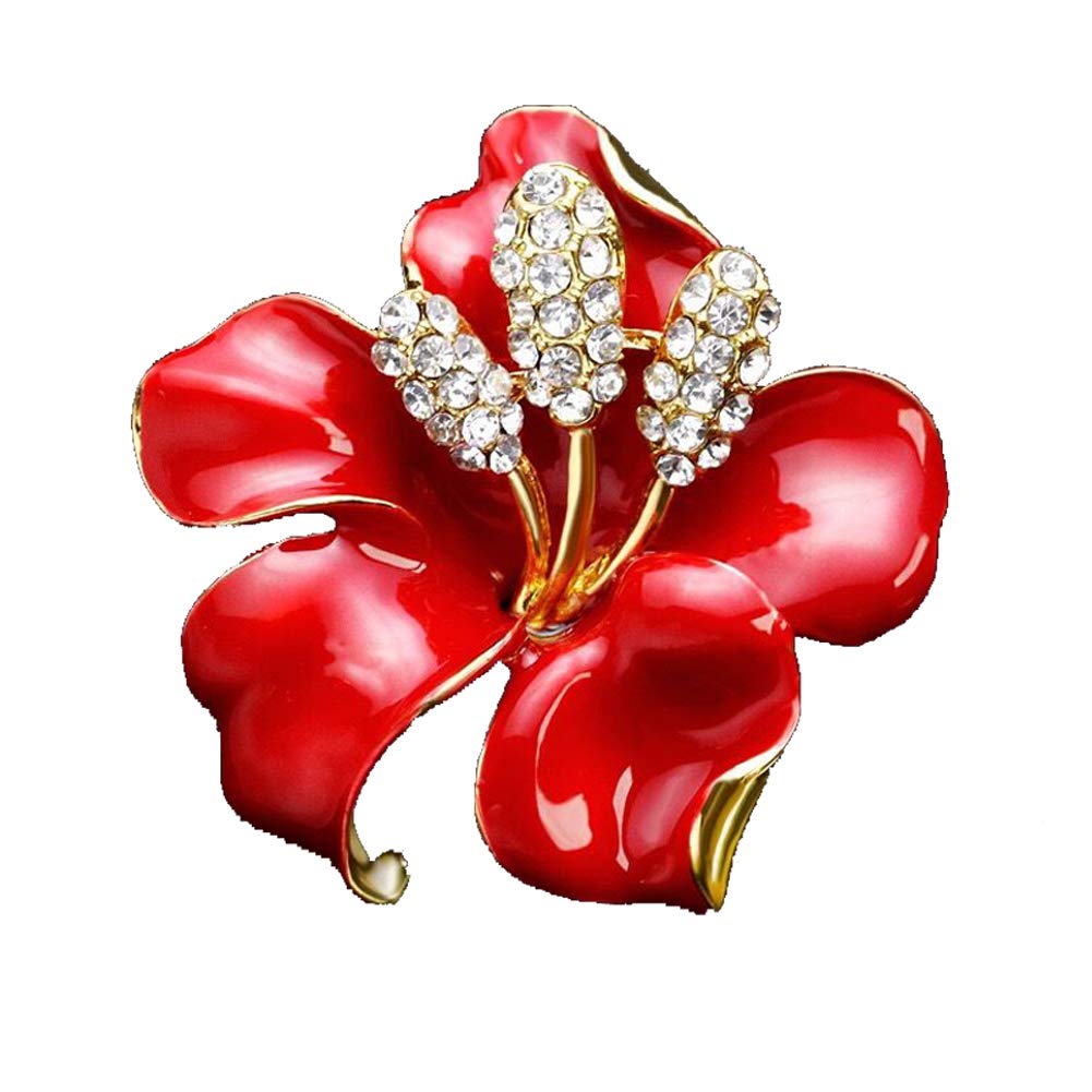 Elegant Enamel Plum Blossom Flower Brooch Pin, AILUOR Fashion Gold Plated Pearls Floral Brooch Lapel Pin for Women Girl Bridal Wedding Corsage Jewelry Gifts (Red)