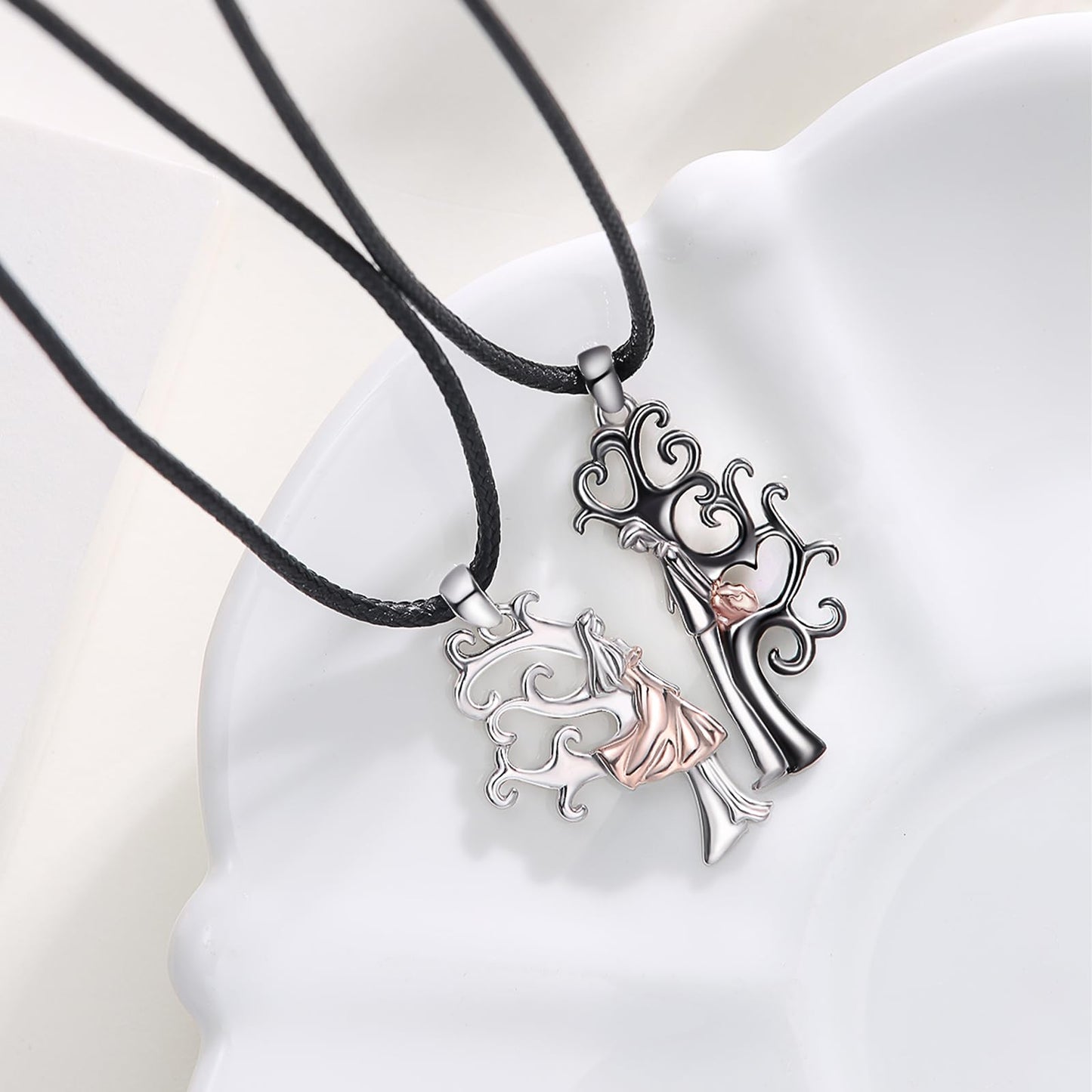 OHAYOO Couple Matching Necklace 925 Sterling Silver Black and White Tree of Life Necklace for Couple Jewelry Gift for Him and Her