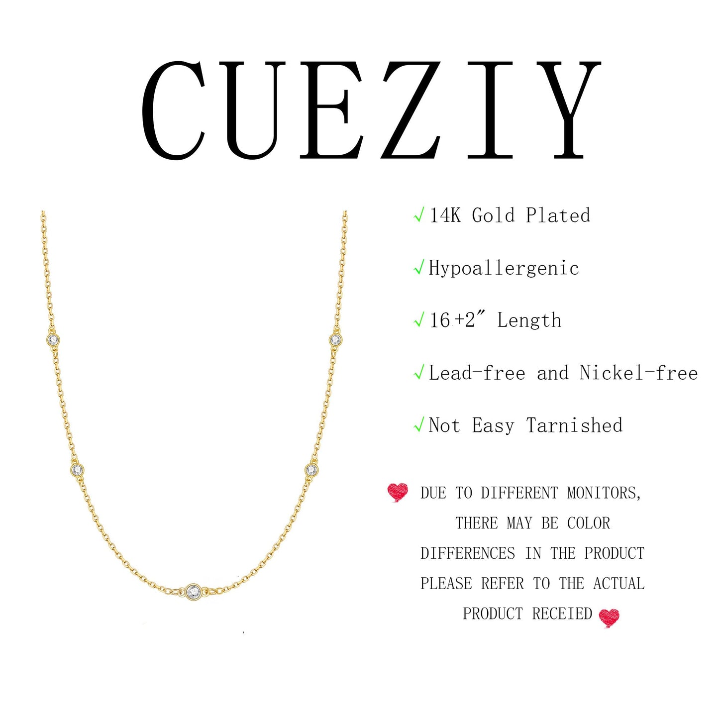 CUEZIY Dainty 14K Gold Plated Necklaces for Women Station Choker Necklace Cubic Zirconia Simulated Necklace Simple Cute Layering CZ Necklace Trendy Jewelry Gifts