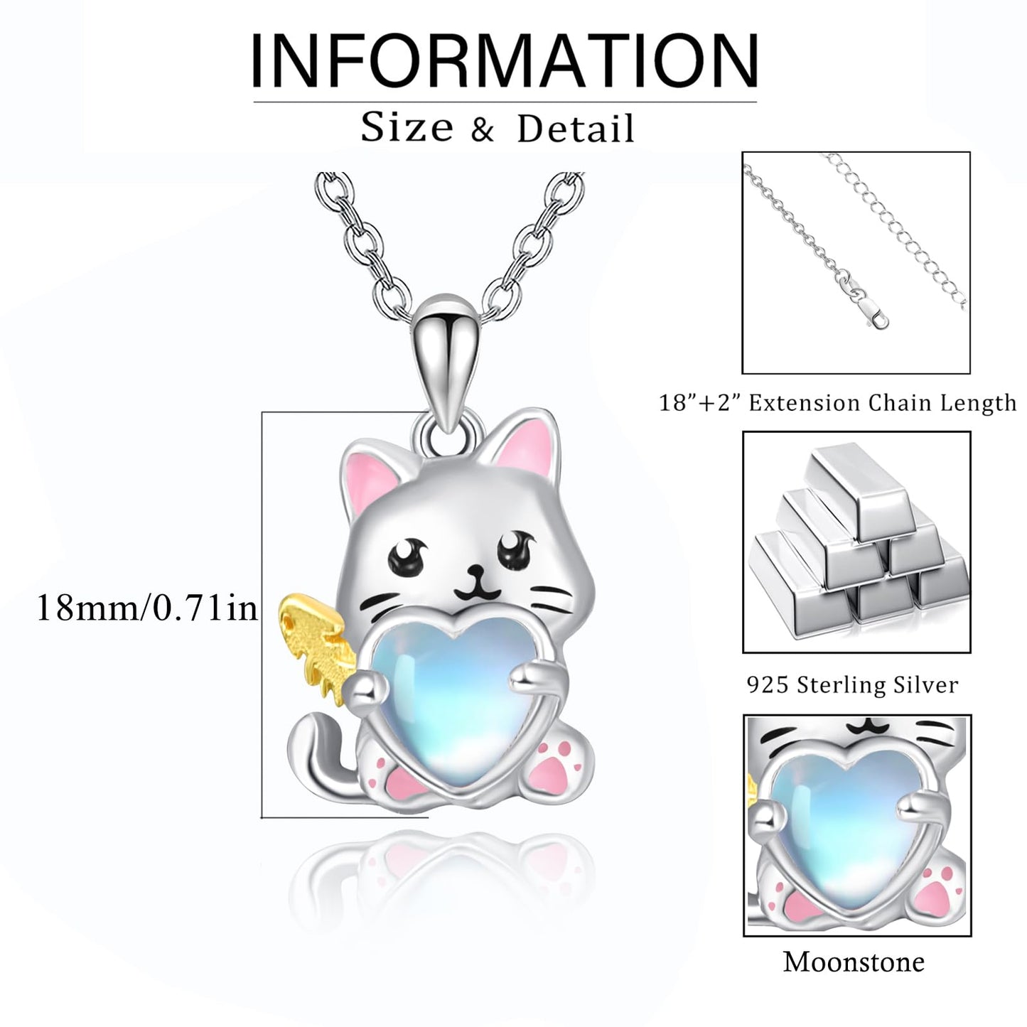 Dreamboat Cat Pendant Necklace for Women 925 Sterling Silver Moonstone Kitten Animal Jewelry Gifts for Cats Lovers