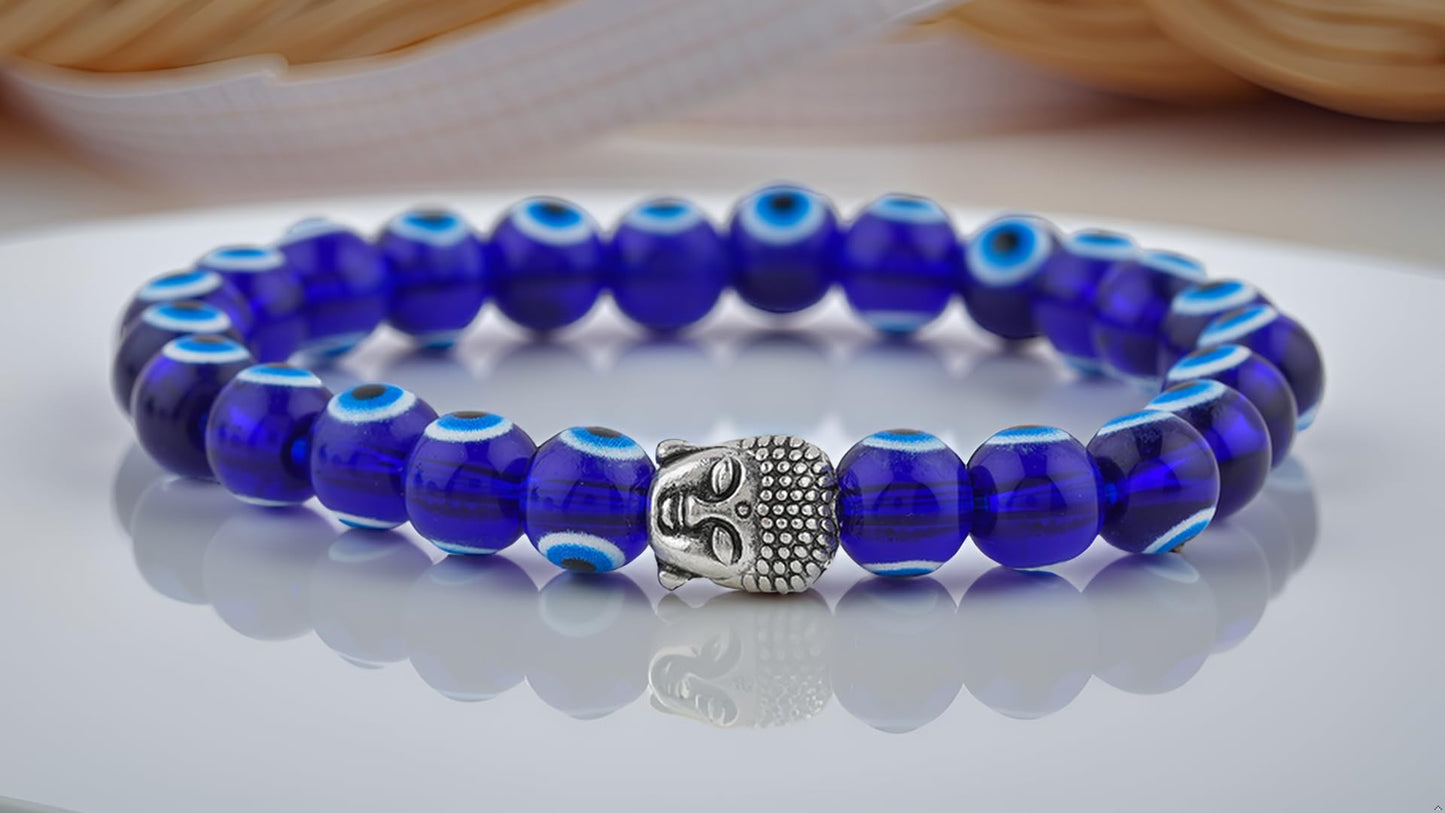 CRYSTALINES Buddha Charm Stretchable Braceclet, Blue Evil Eye Gemstone Beads, Plain Round Stones, Handmade Boho Strech Bracelet, Adjustable Spiritual Healing Crystal Unisex Jewelry Gift